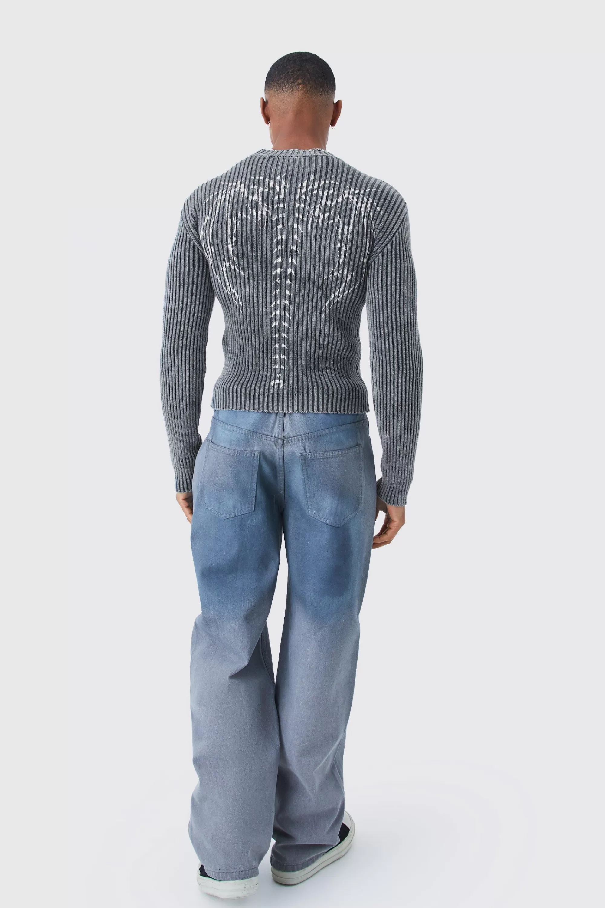 boohooMAN Muscle Fit Ribbed Acid Wash Knit Jumper | UK