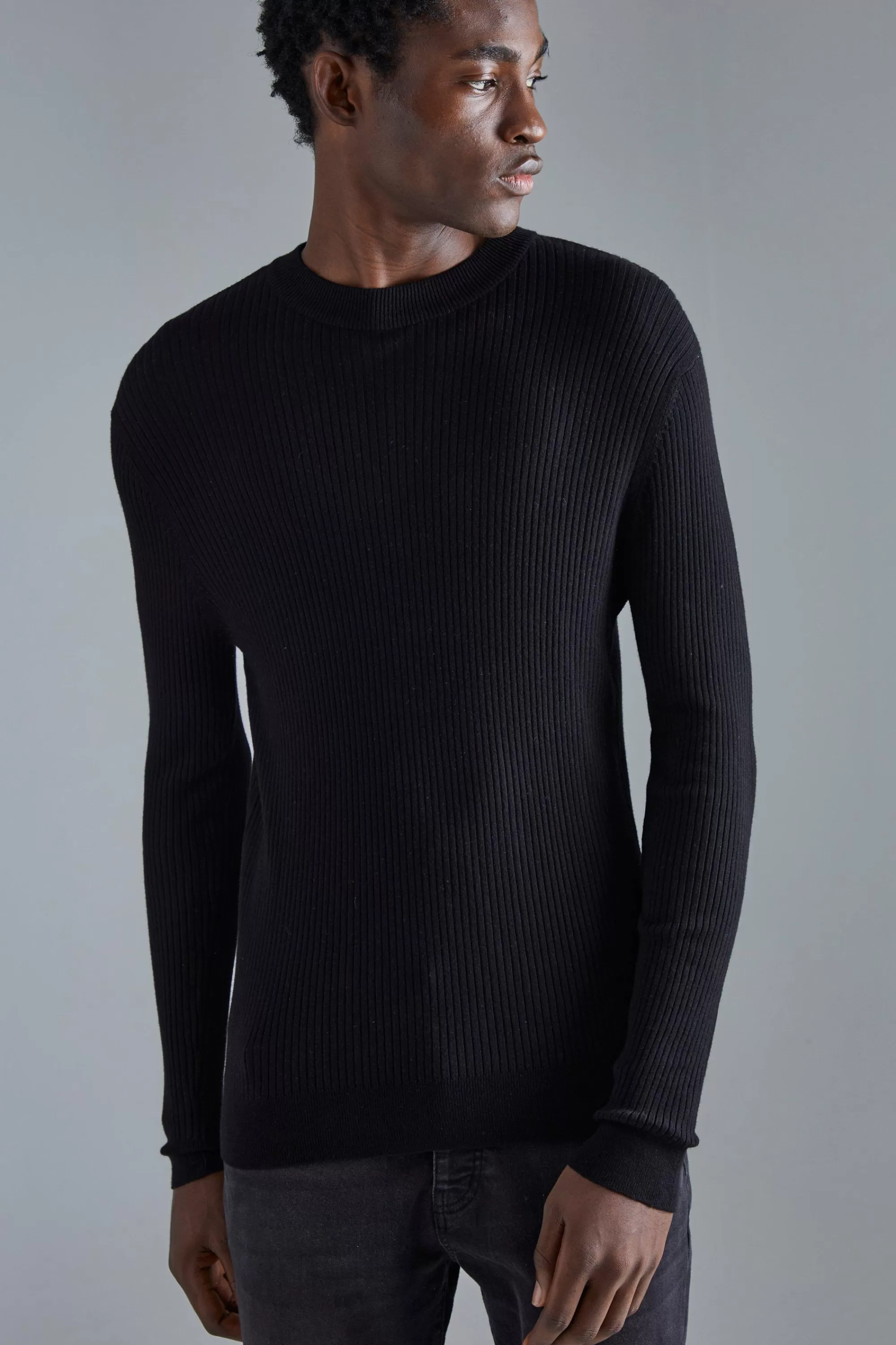 boohooMAN Muscle Fit Ribbed Extended Neck Jumper | UK