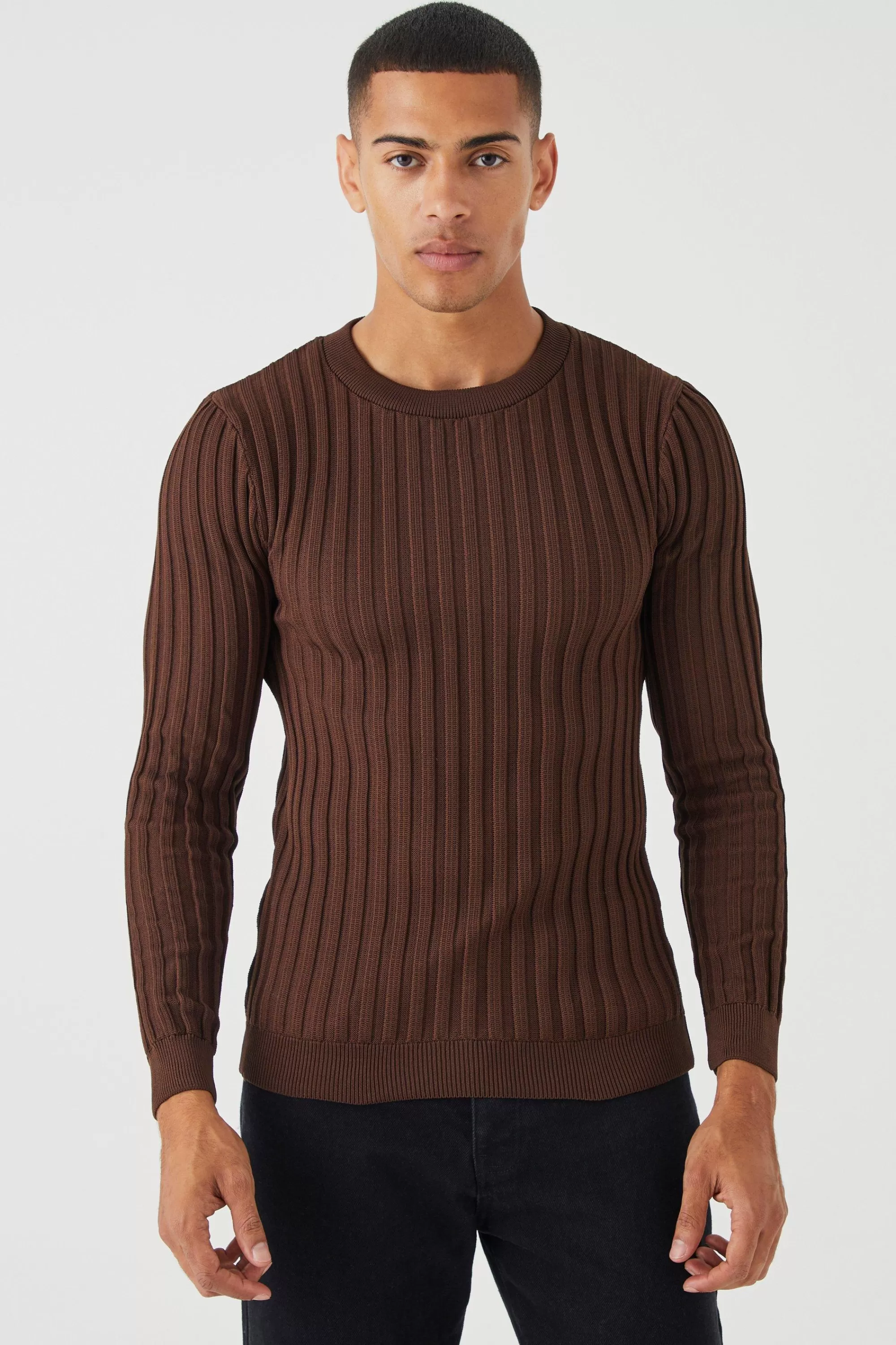 boohooMAN Muscle Fit Ribbed Long Sleeve Jumper | UK
