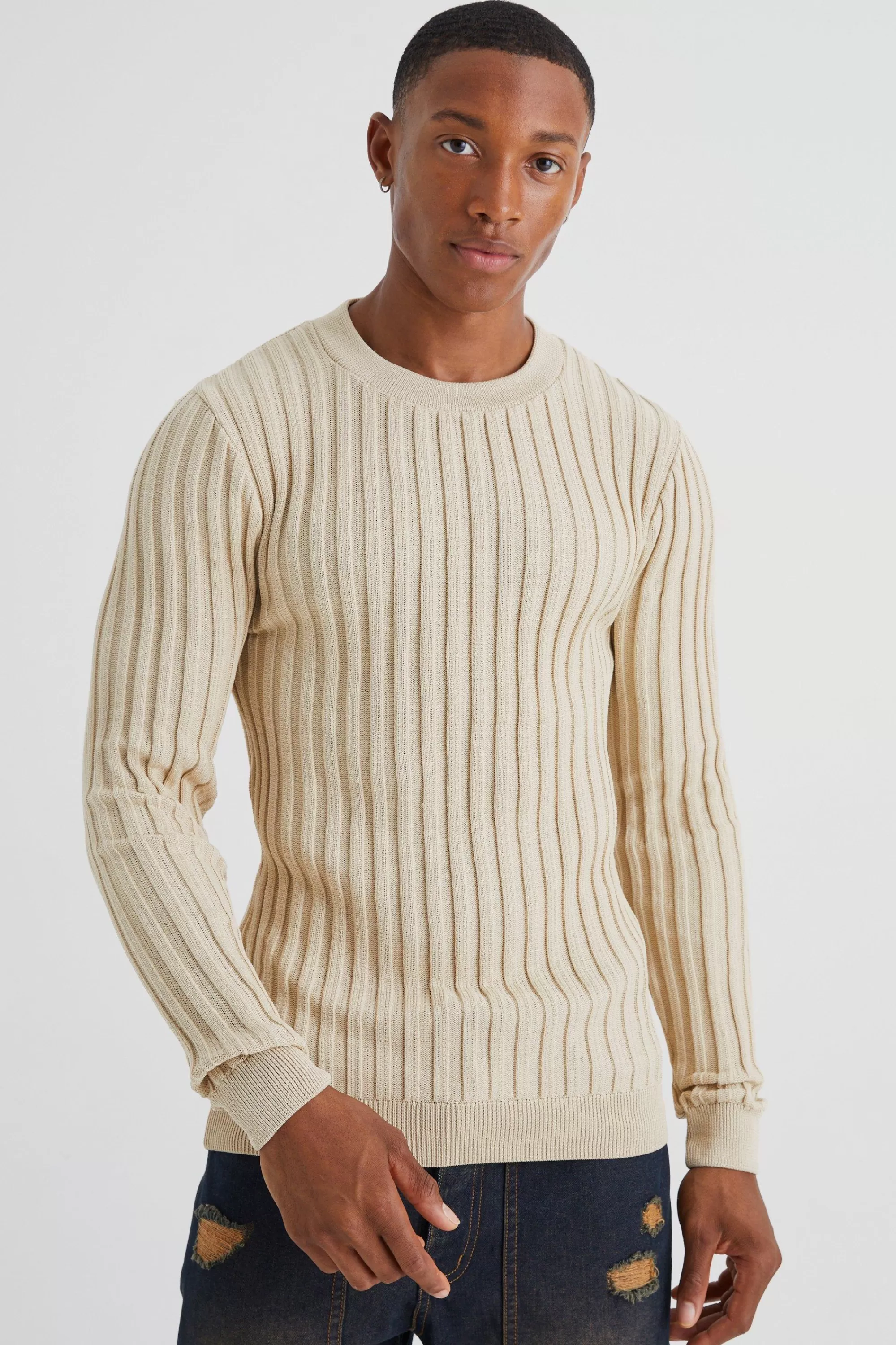 boohooMAN Muscle Fit Ribbed Long Sleeve Jumper | UK