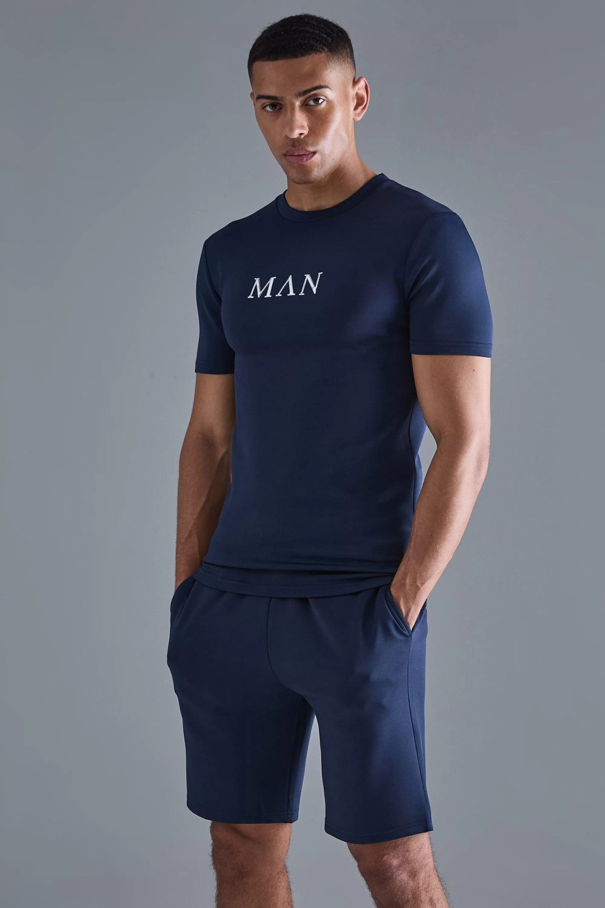 boohooMAN Muscle Fit Scuba T-shirt & Short Set | UK