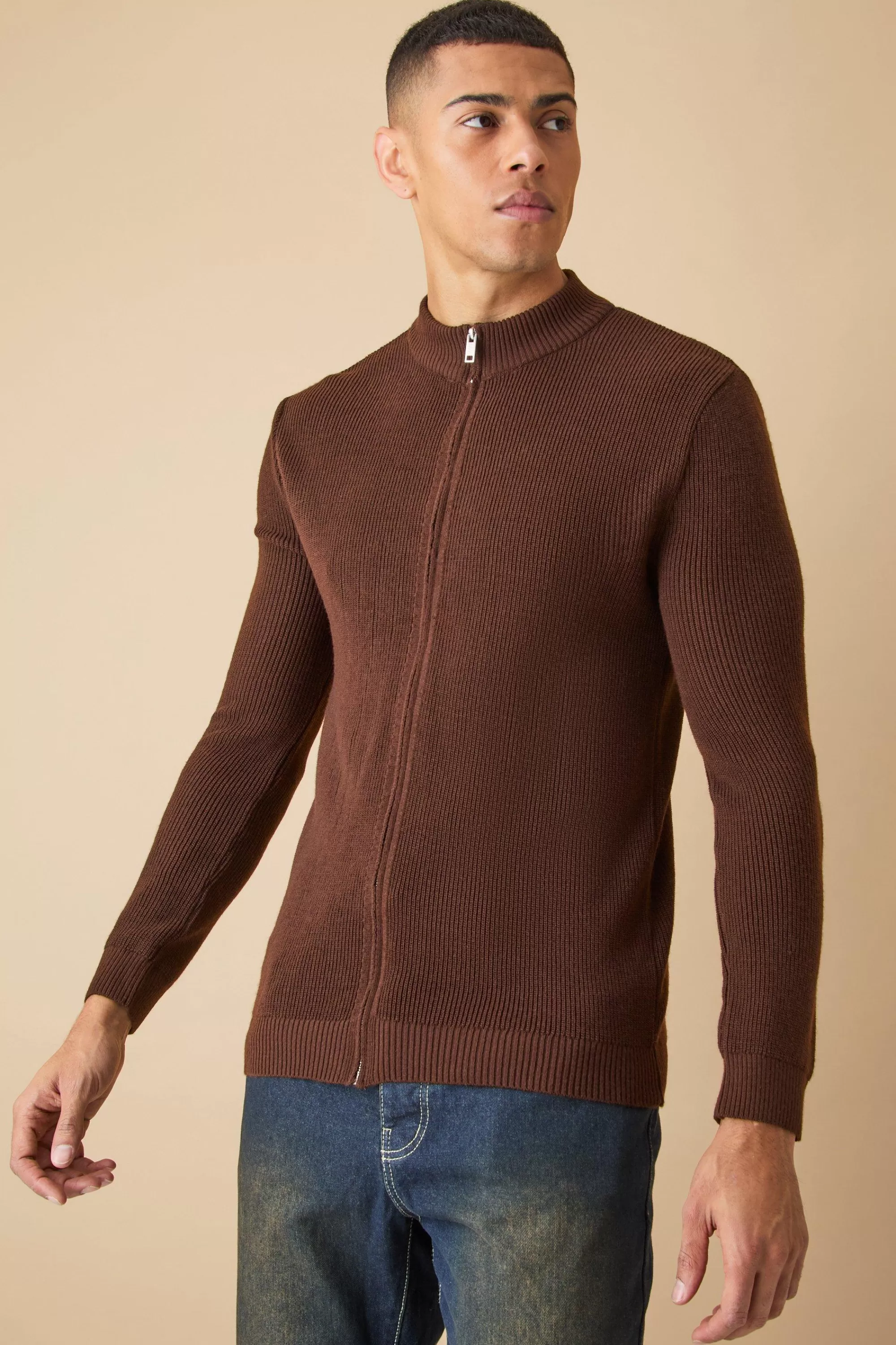 boohooMAN Muscle Fit Zip Through Rib Knit Jacket | UK