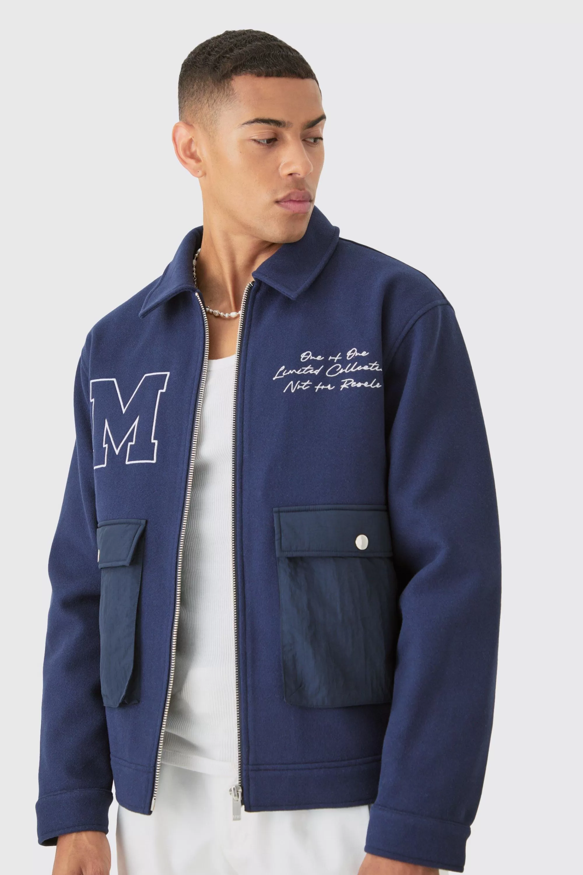 boohooMAN Nylon Pocket Varsity Harrington In | UK