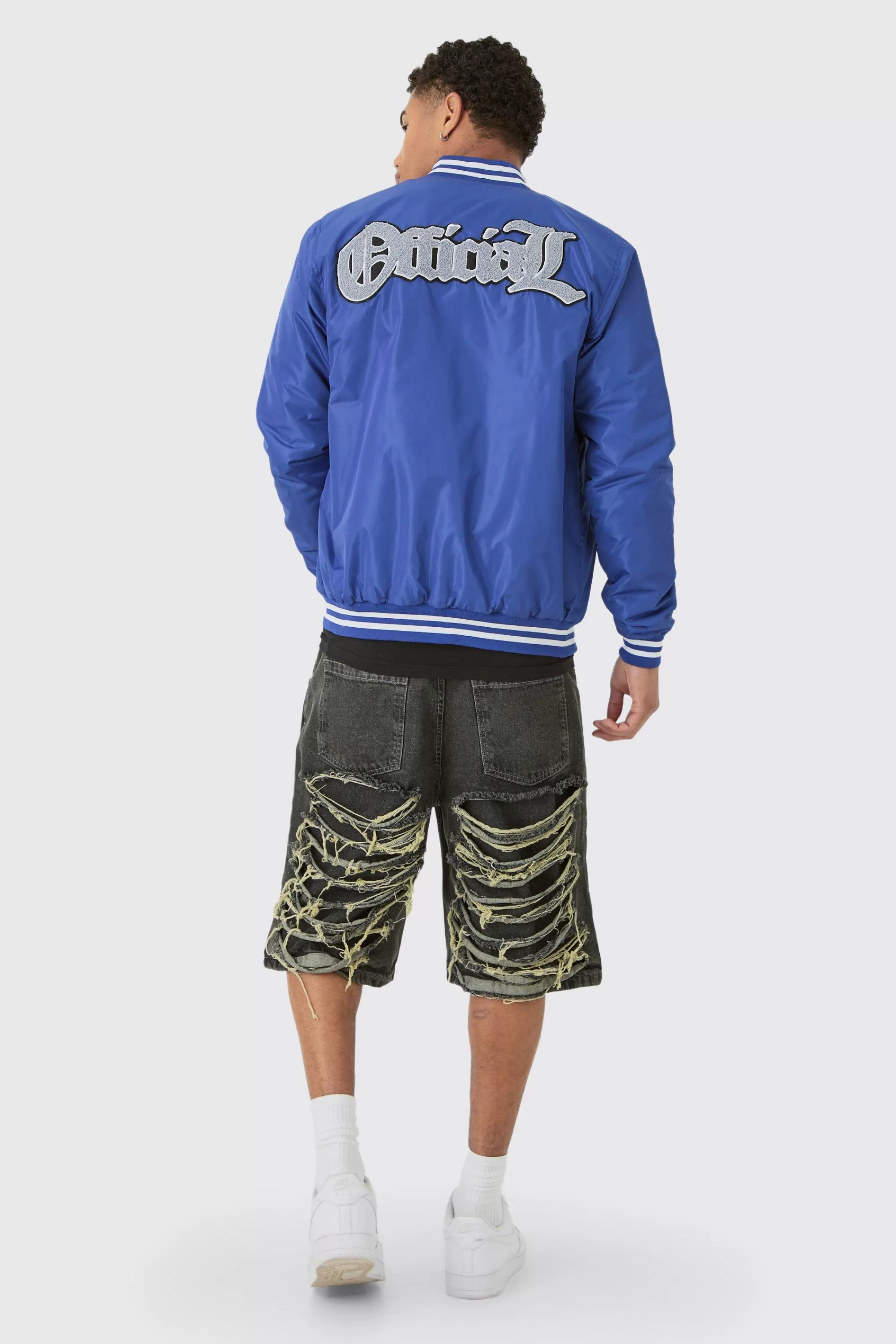 boohooMAN Official Badge Nylon Varsity Bomber Jacket In | UK