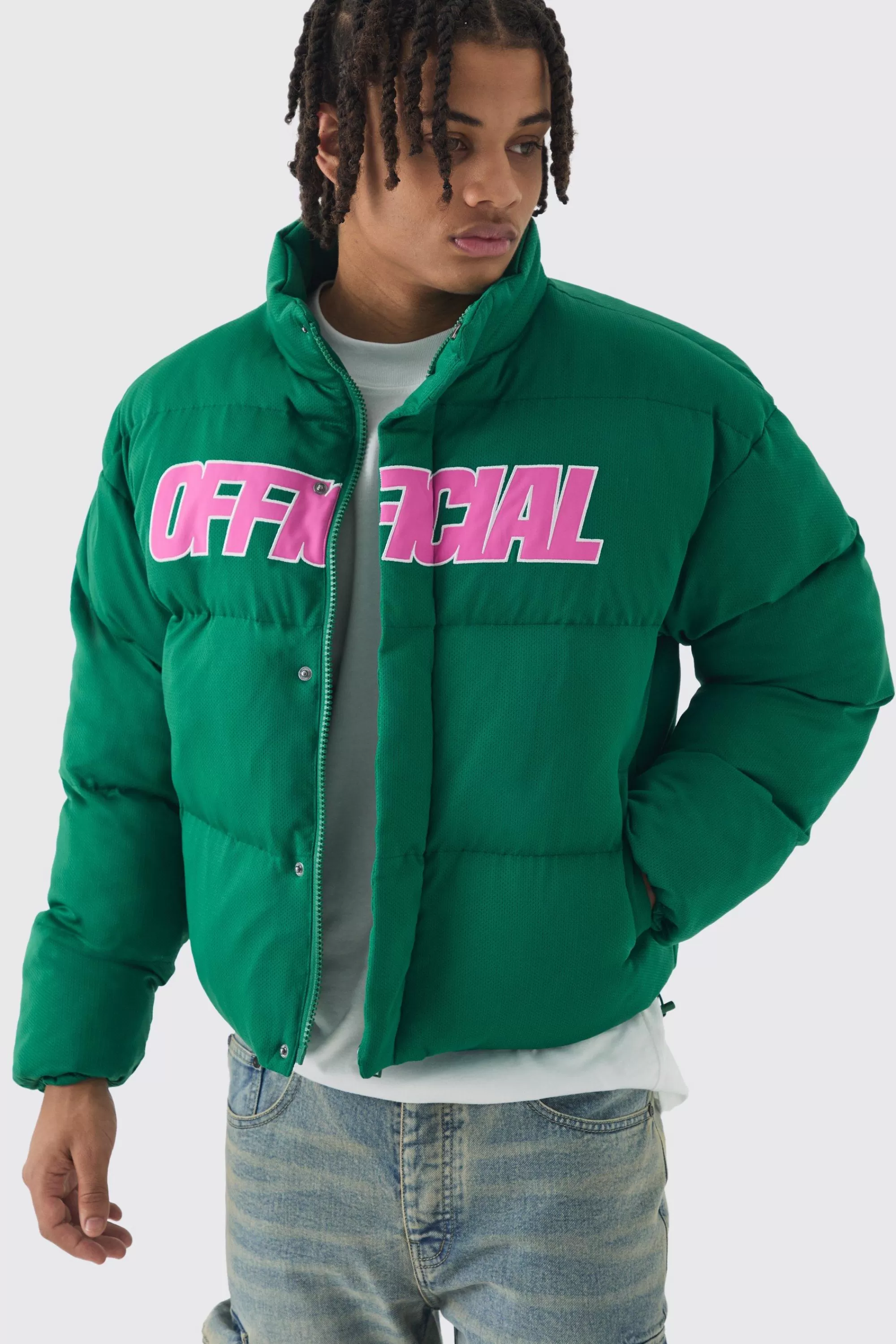 boohooMAN Official Boxy Funnel Neck Mesh Puffer Coat In | UK