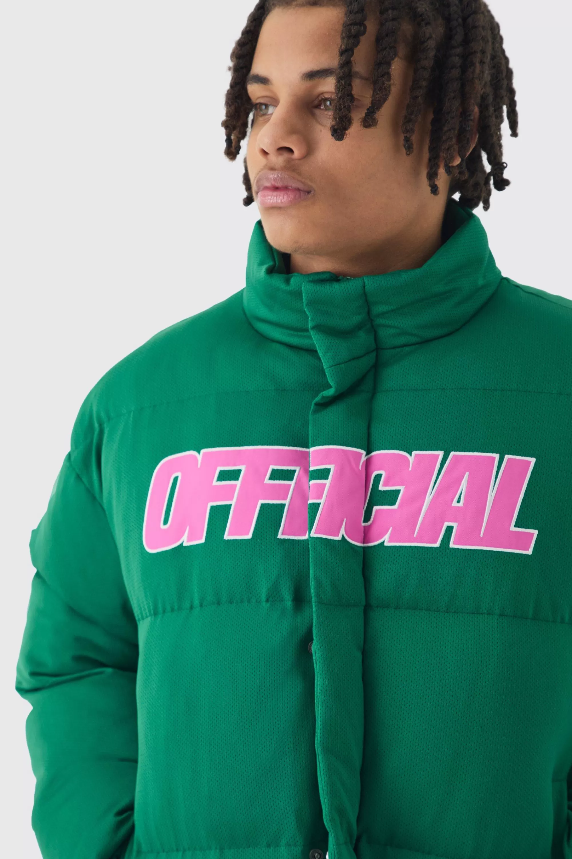 boohooMAN Official Boxy Funnel Neck Mesh Puffer Coat In | UK
