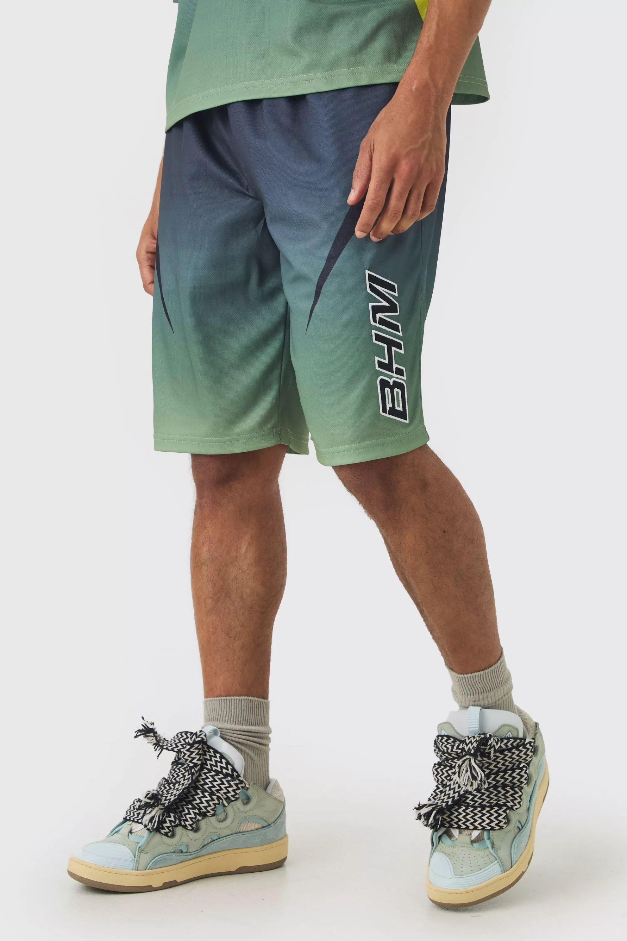 boohooMAN Ombre Applique Moto Mesh Long Length Basketball Shorts | UK