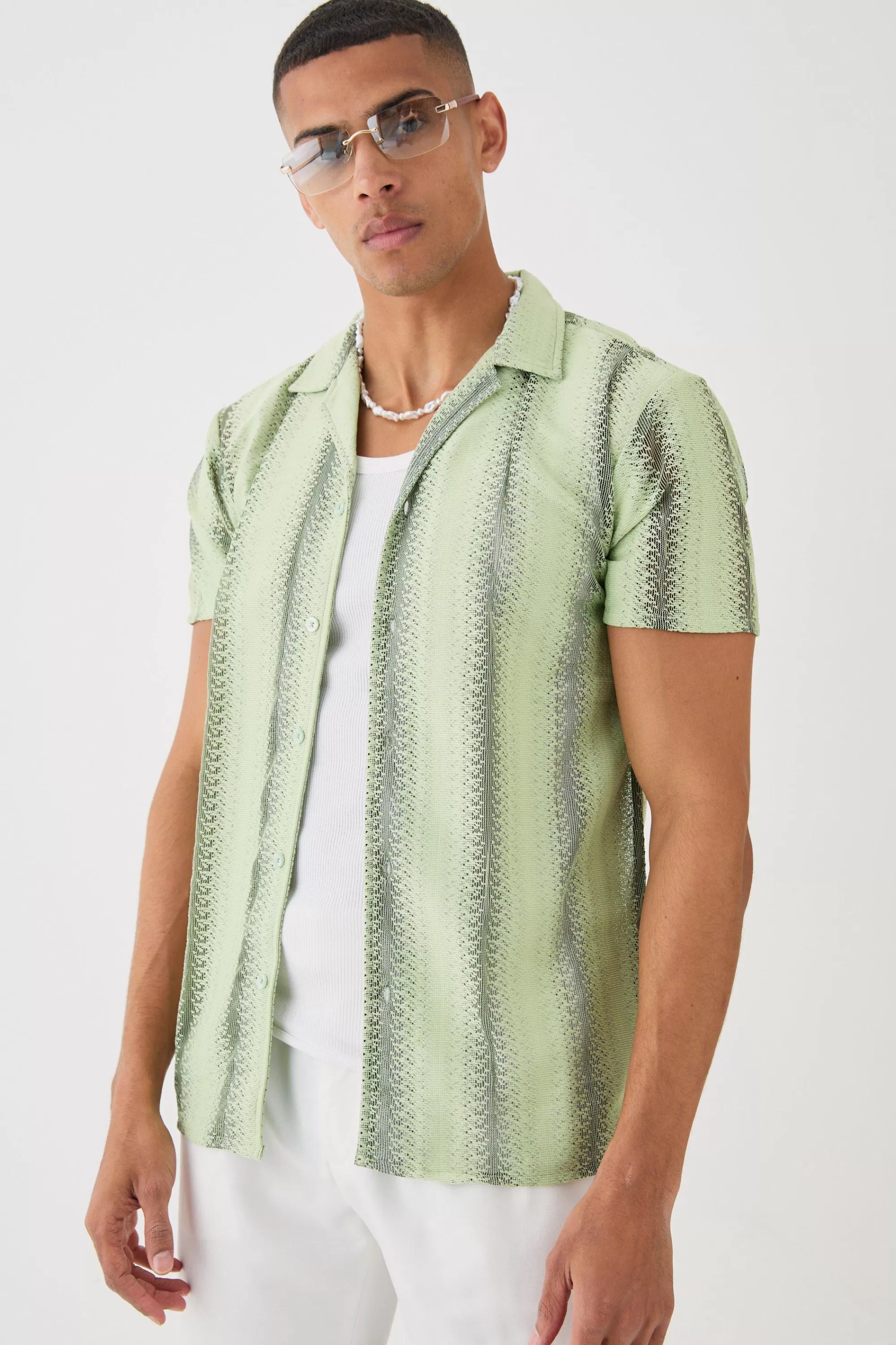 boohooMAN Open Stitch Sheer Stripe Shirt | UK