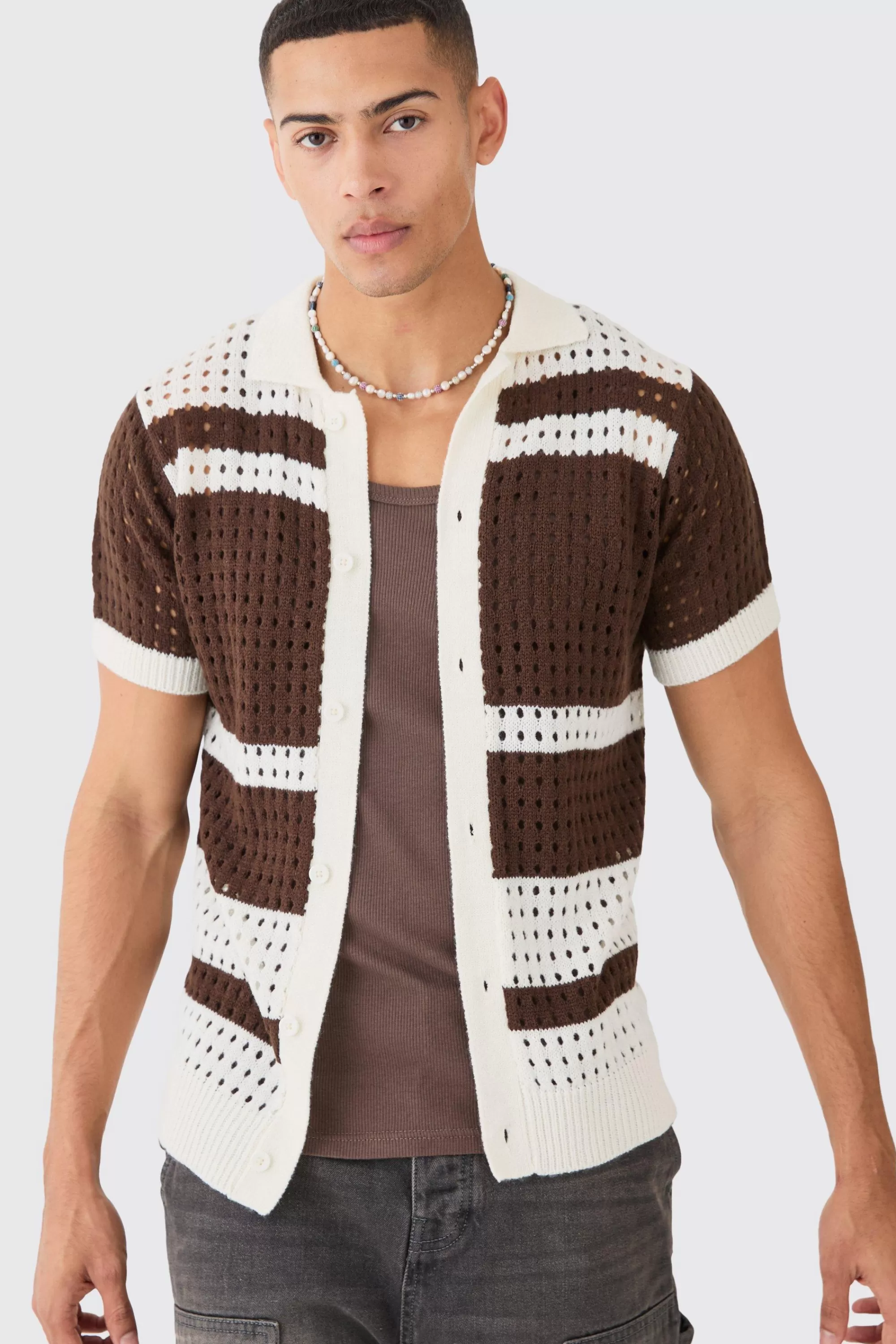 boohooMAN Open Stitch Striped Knitted Shirt In | UK
