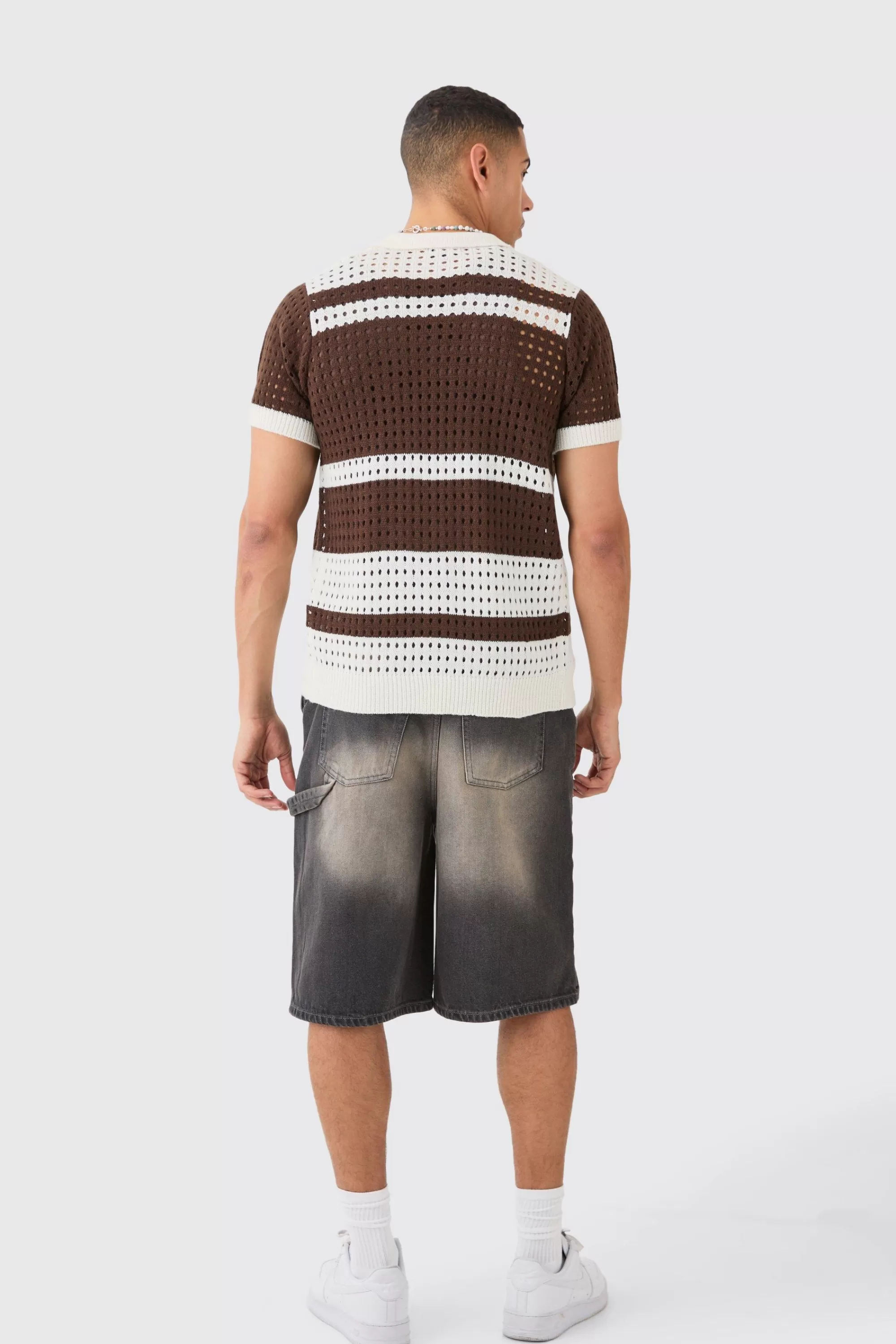 boohooMAN Open Stitch Striped Knitted Shirt In | UK