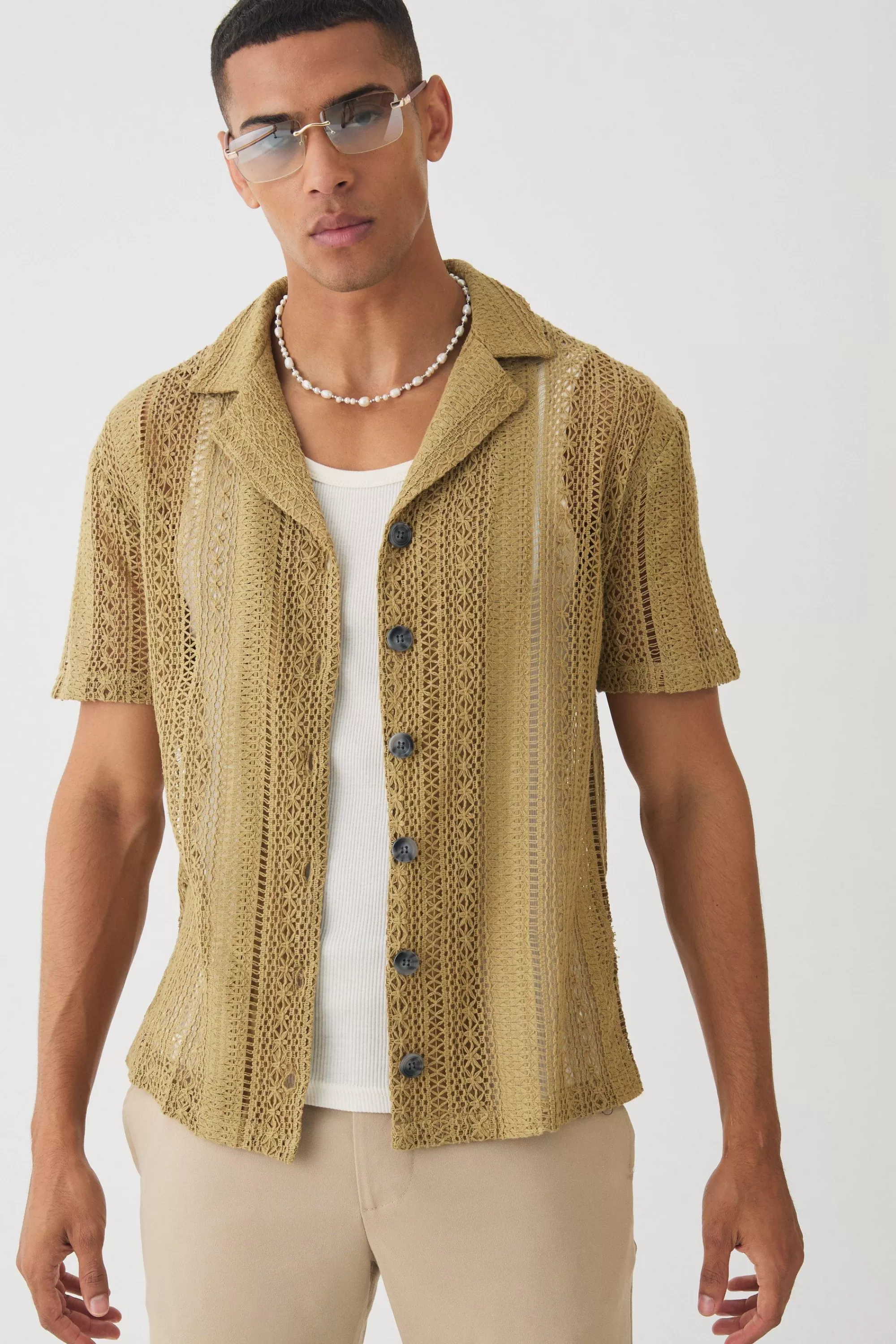boohooMAN Open Weave Crochet Shirt | UK
