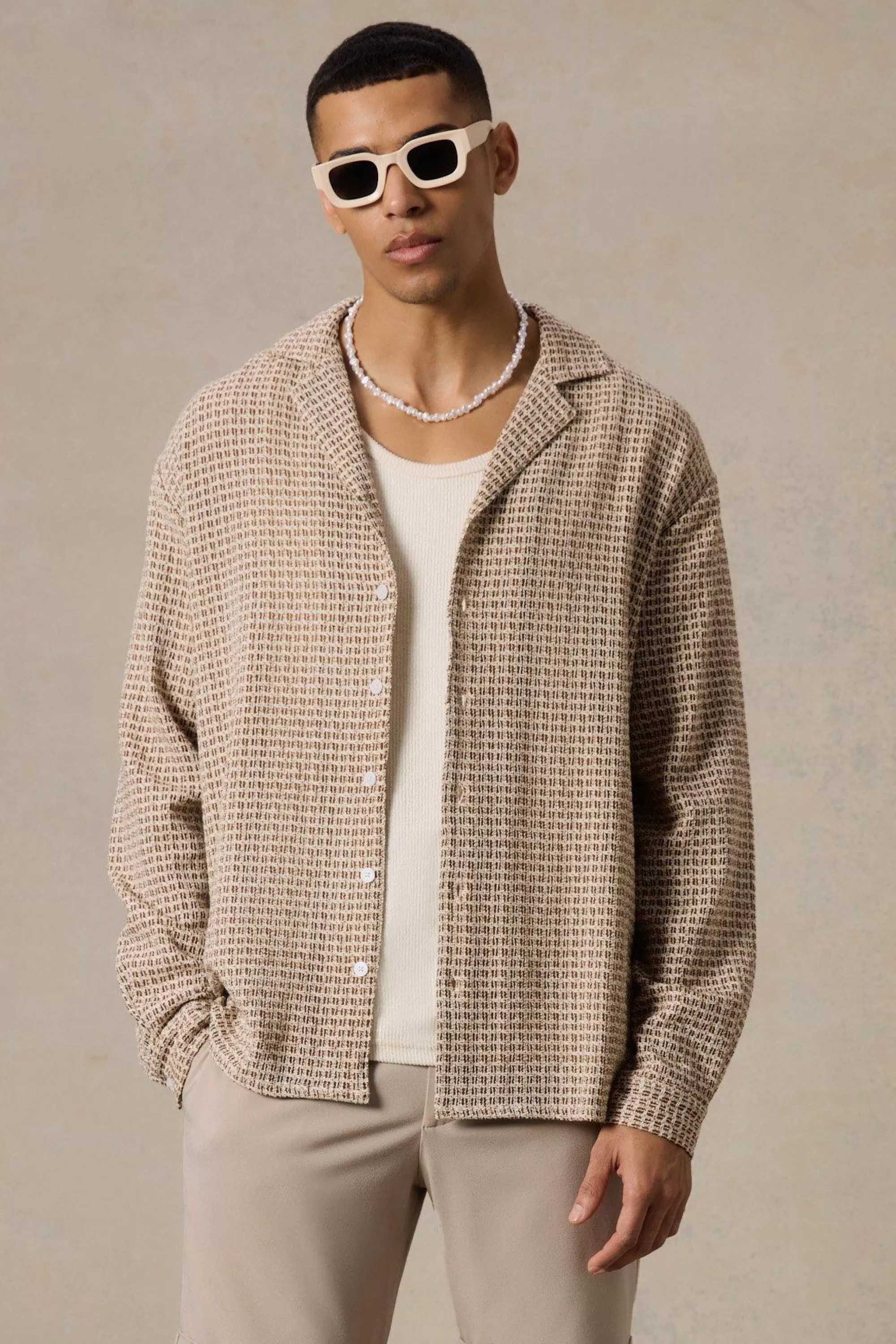 boohooMAN Open Weave Long Sleeve Oversized Shirt | UK
