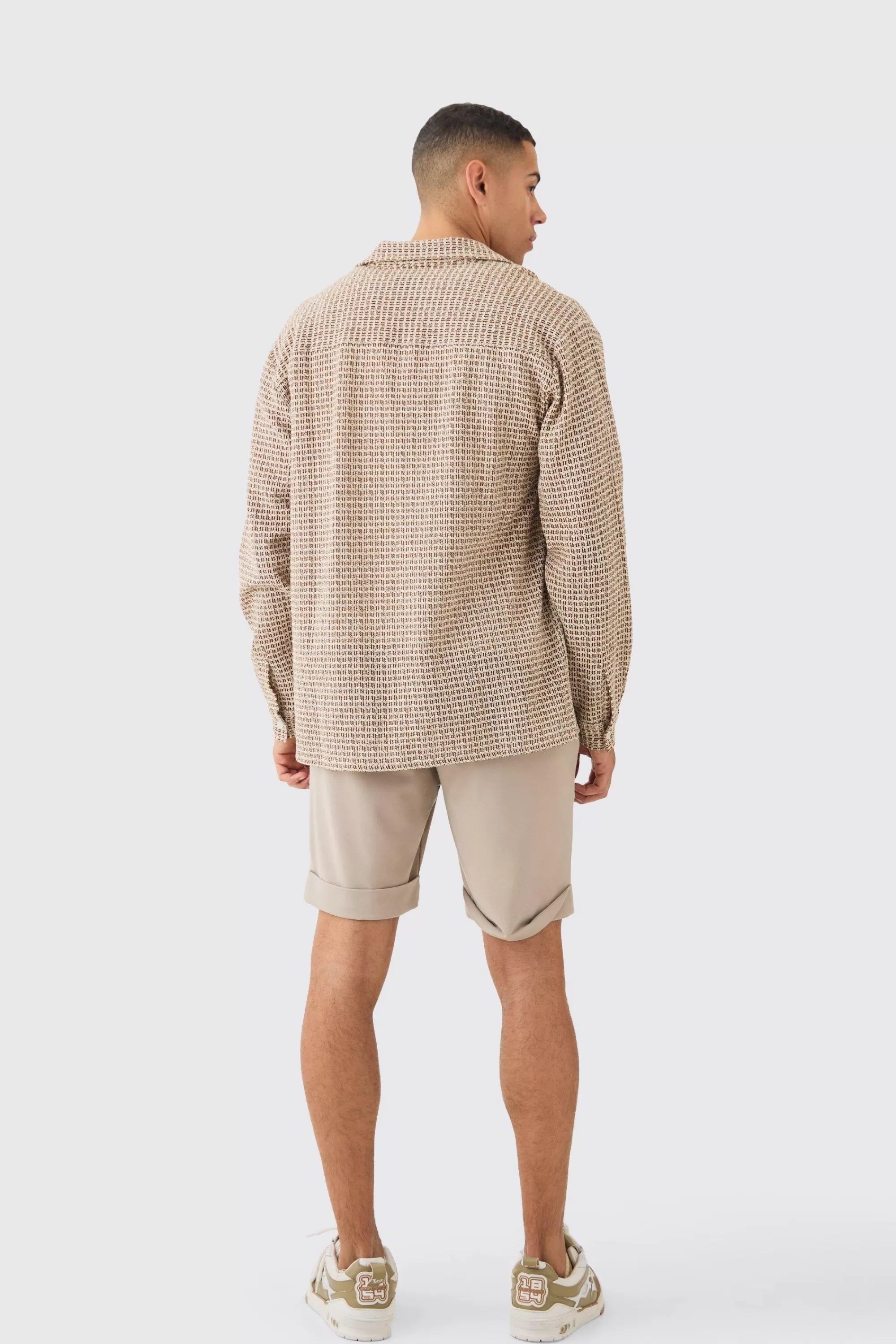 boohooMAN Open Weave Long Sleeve Oversized Shirt | UK