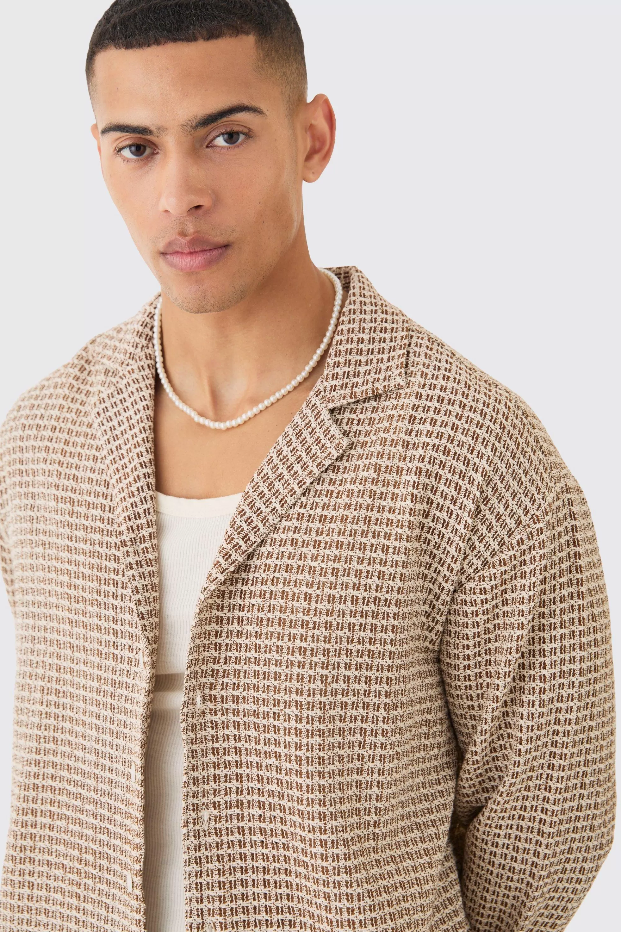 boohooMAN Open Weave Long Sleeve Oversized Shirt | UK