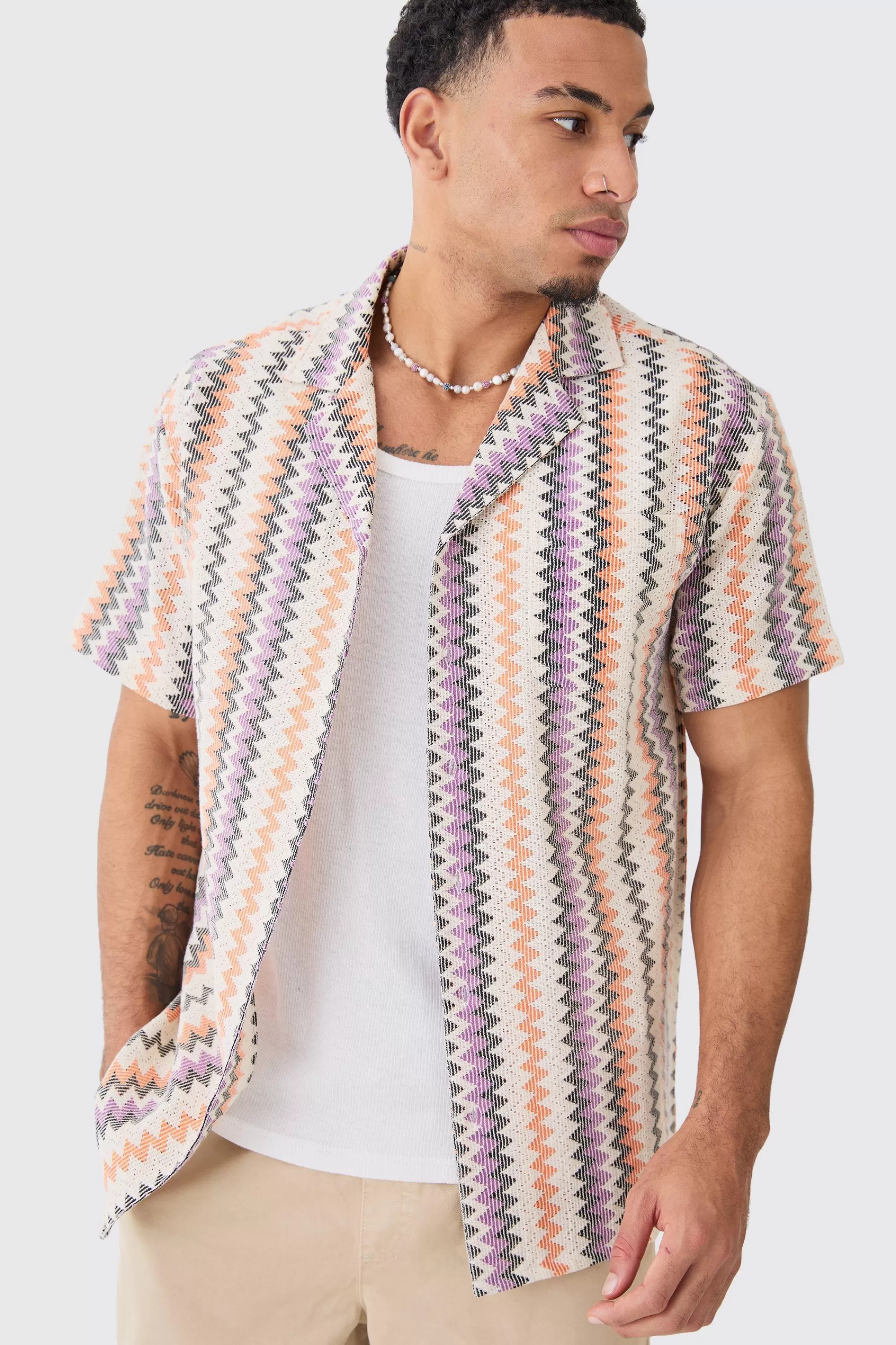 boohooMAN Open Weave Striped Pocket Oversized Shirt | UK
