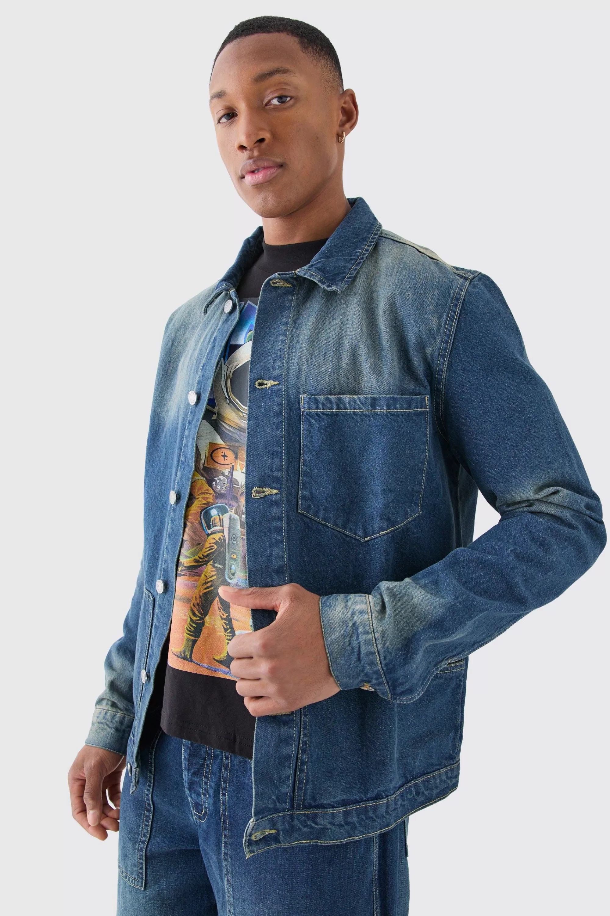 boohooMAN Overdye Western Contrast Stitch Overshirt | UK