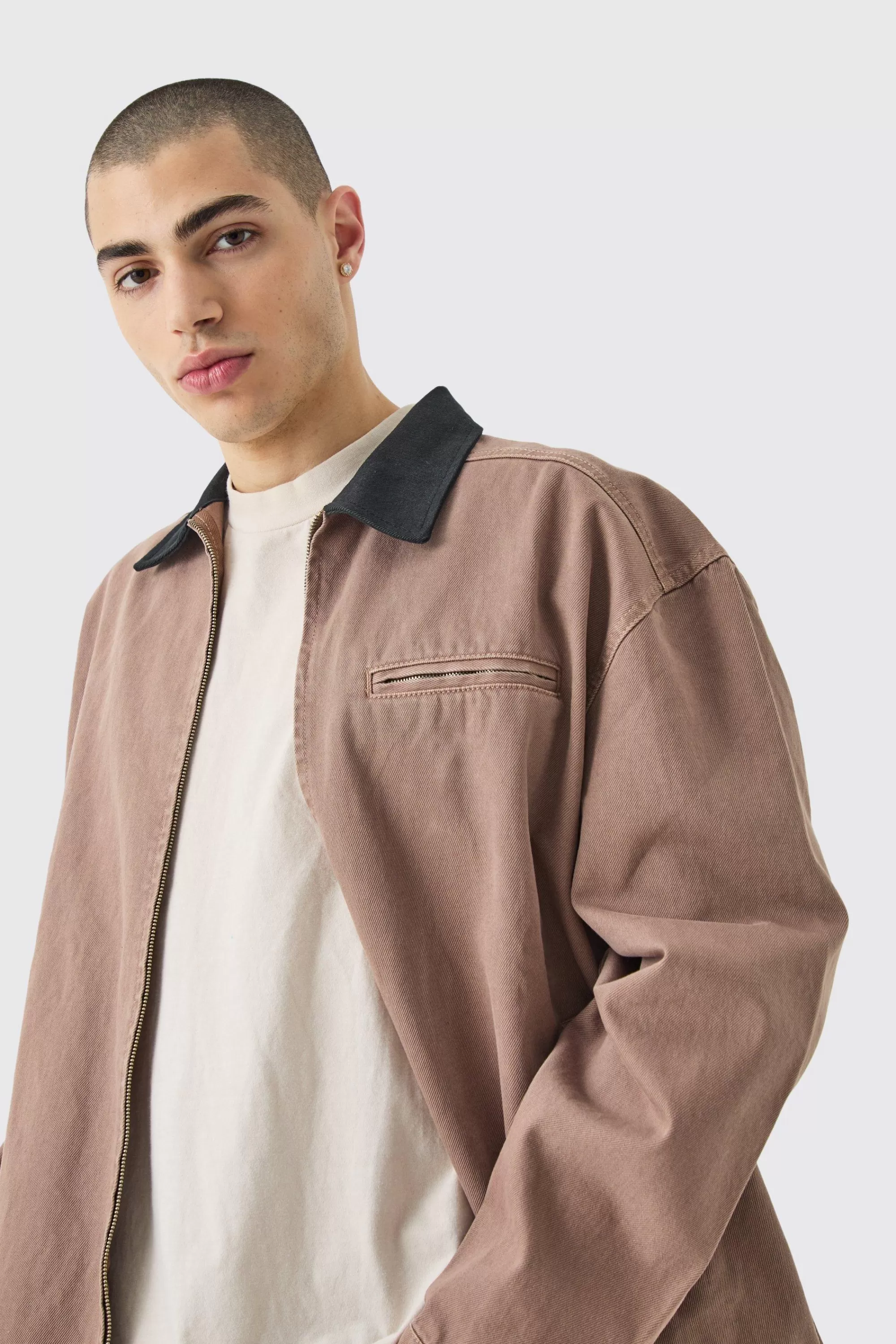 boohooMAN Overdyed Contrast Collar Denim Harrington | UK