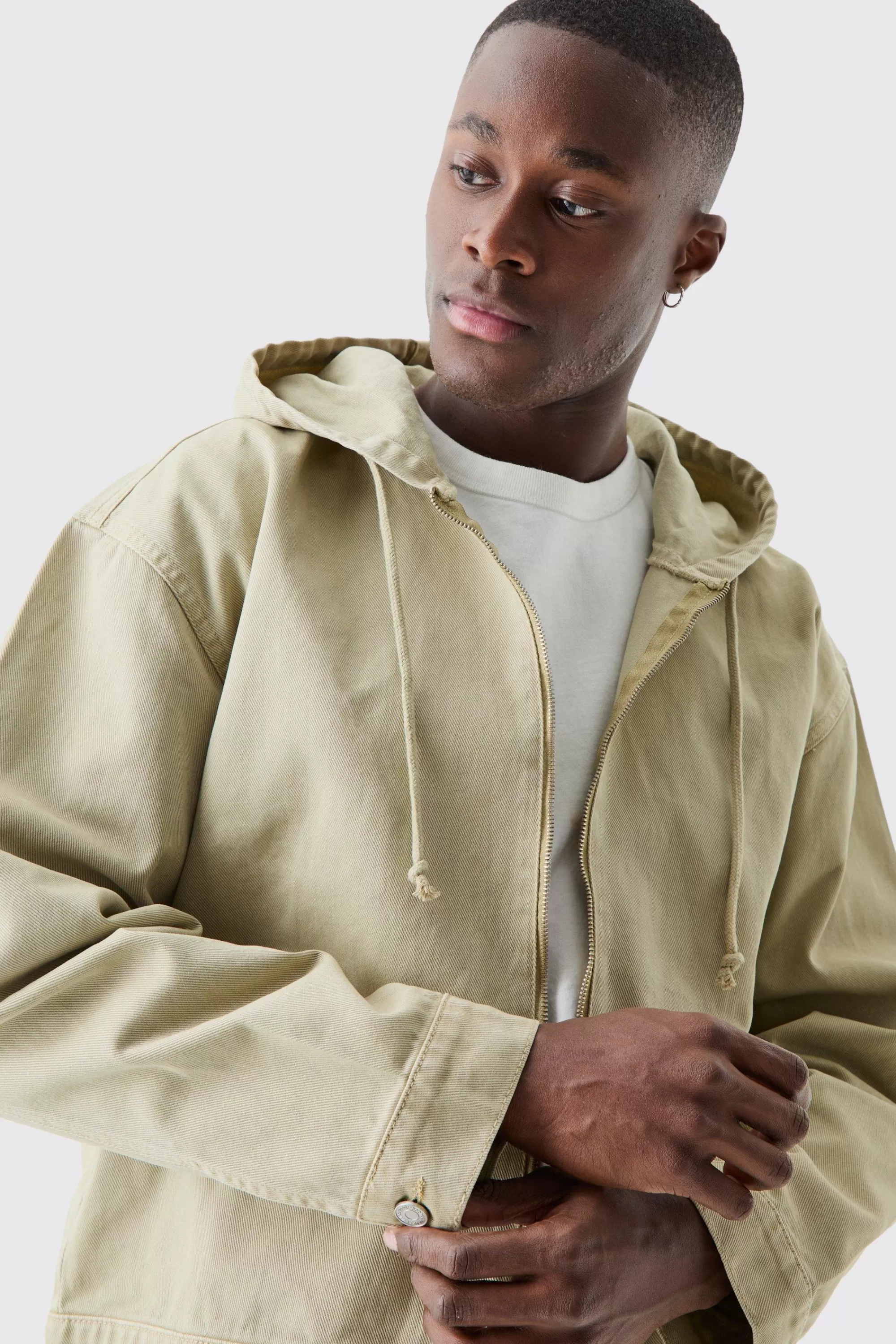boohooMAN Overdyed Denim Boxy Fit Zip Through Hoodie | UK