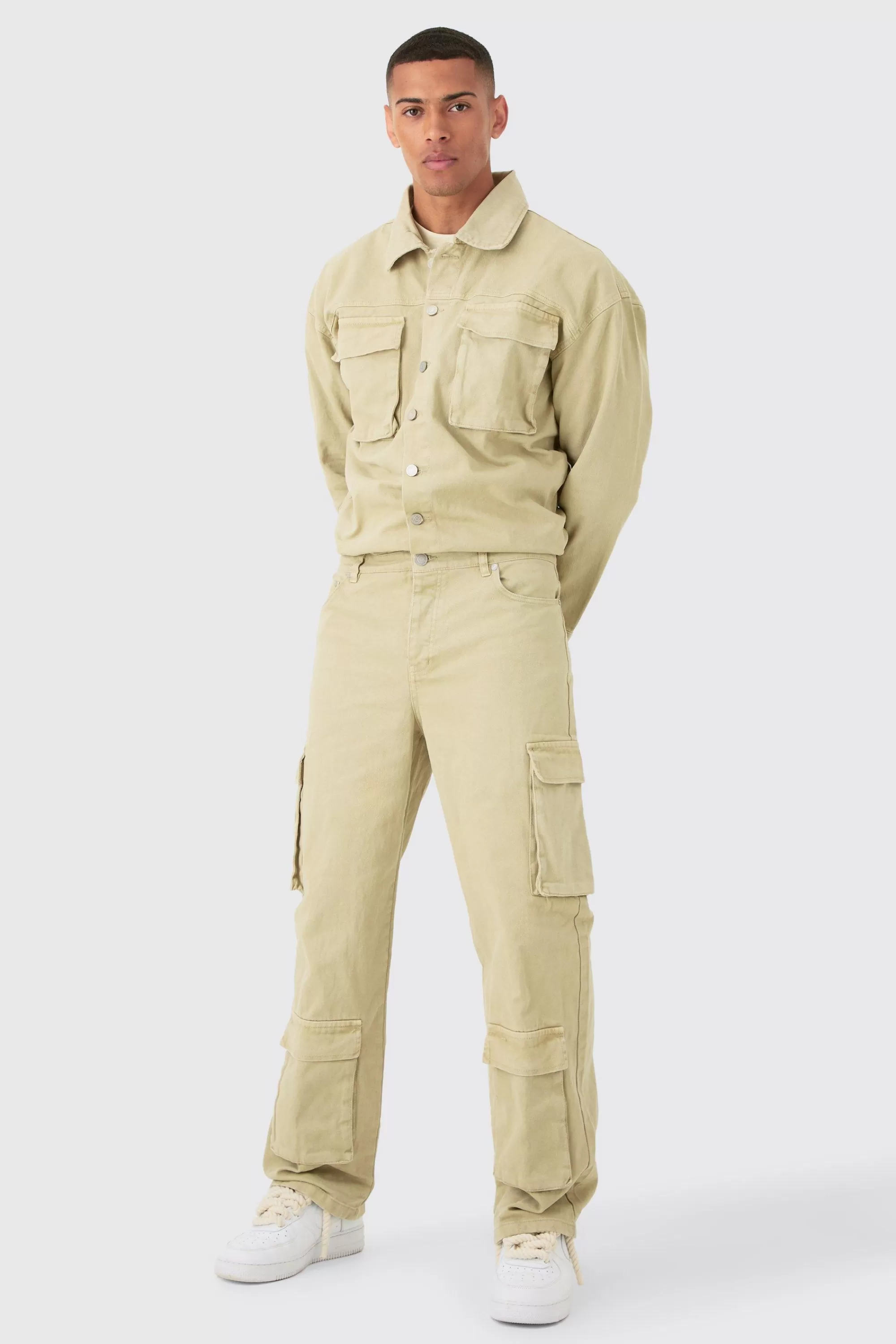 boohooMAN Overdyed Oversized Cargo Pocket Denim Boilersuit In | UK