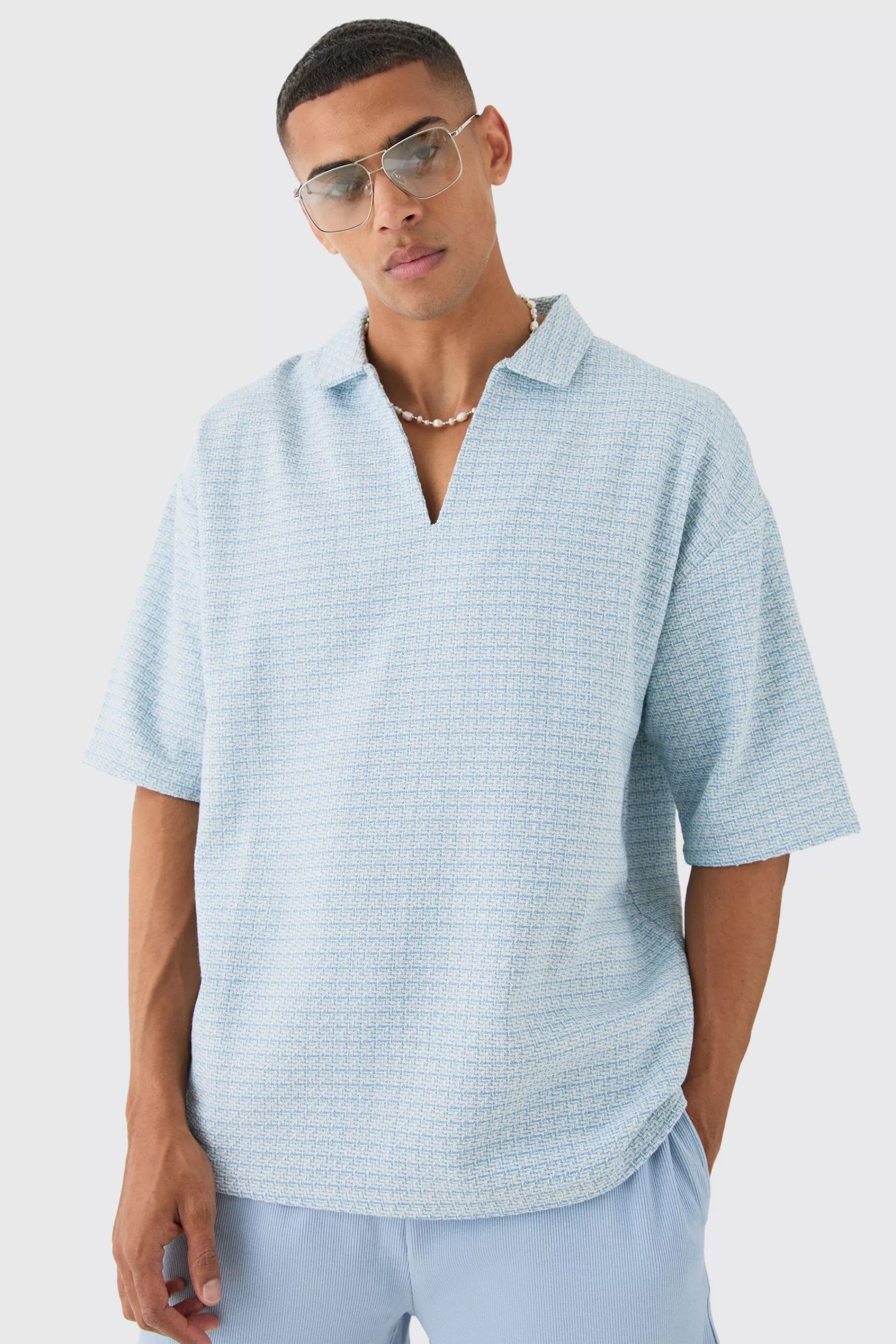 boohooMAN Overhead V Neck Geo Textured Shirt | UK