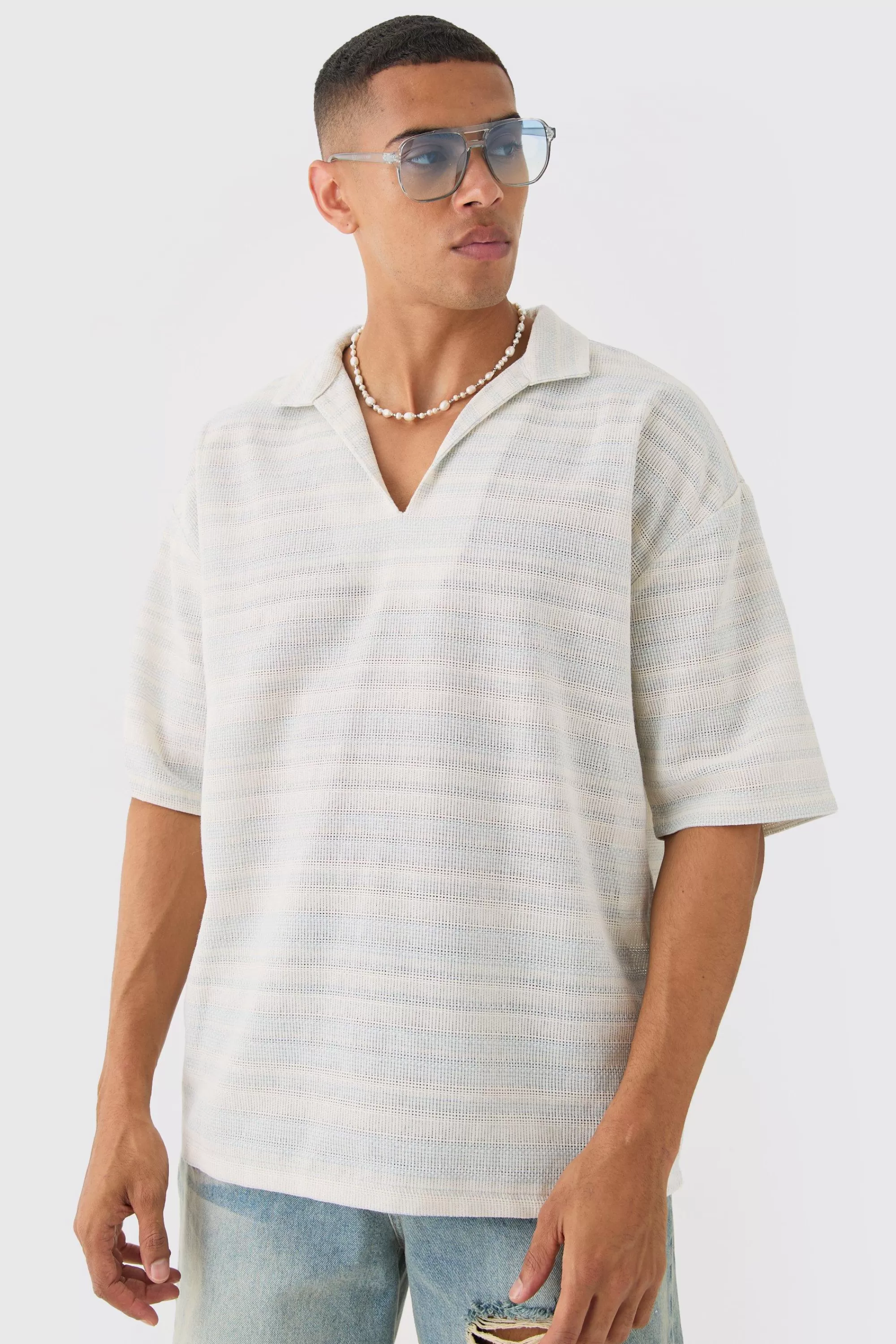 boohooMAN Overhead V Neck Woven Stripe Shirt | UK