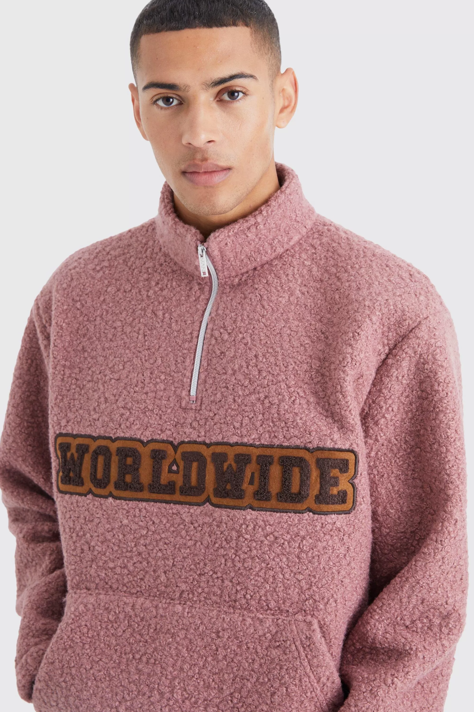 boohooMAN Oversized 1/4 Zip Boucle Applique Sweatshirt | UK