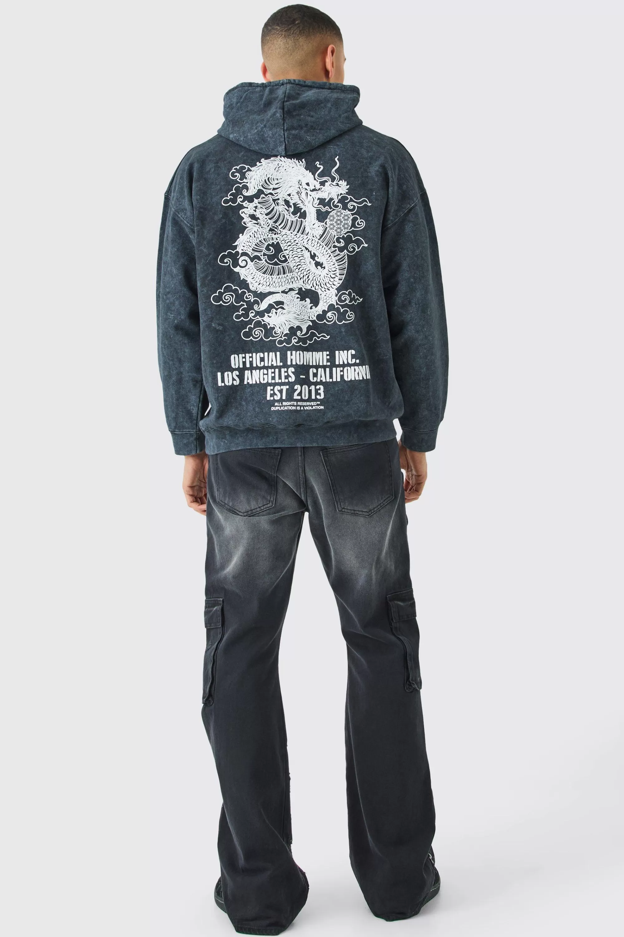 boohooMAN Oversized Acid Wash Dragon Graphic Hoodie | UK