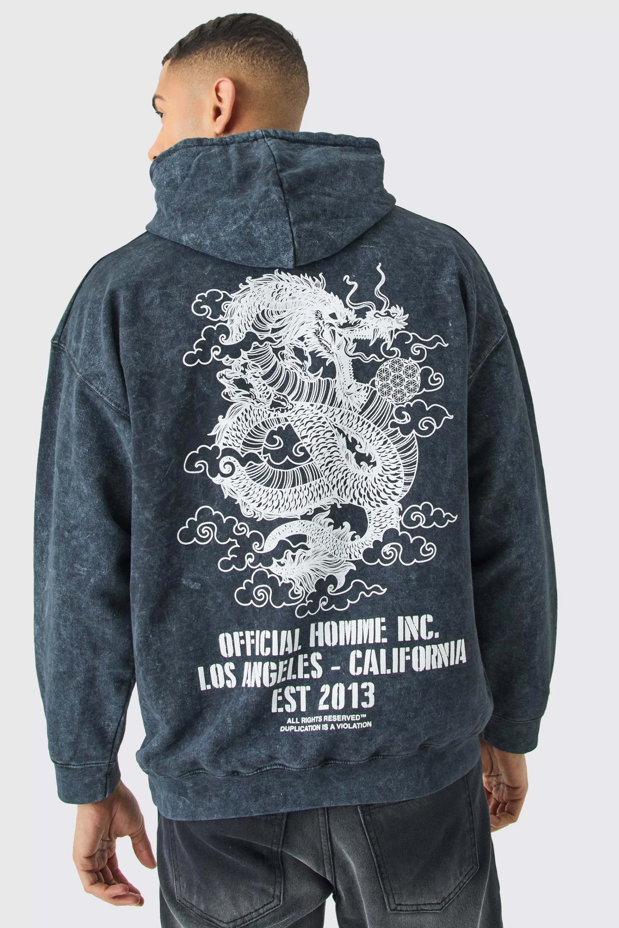 boohooMAN Oversized Acid Wash Dragon Graphic Hoodie | UK
