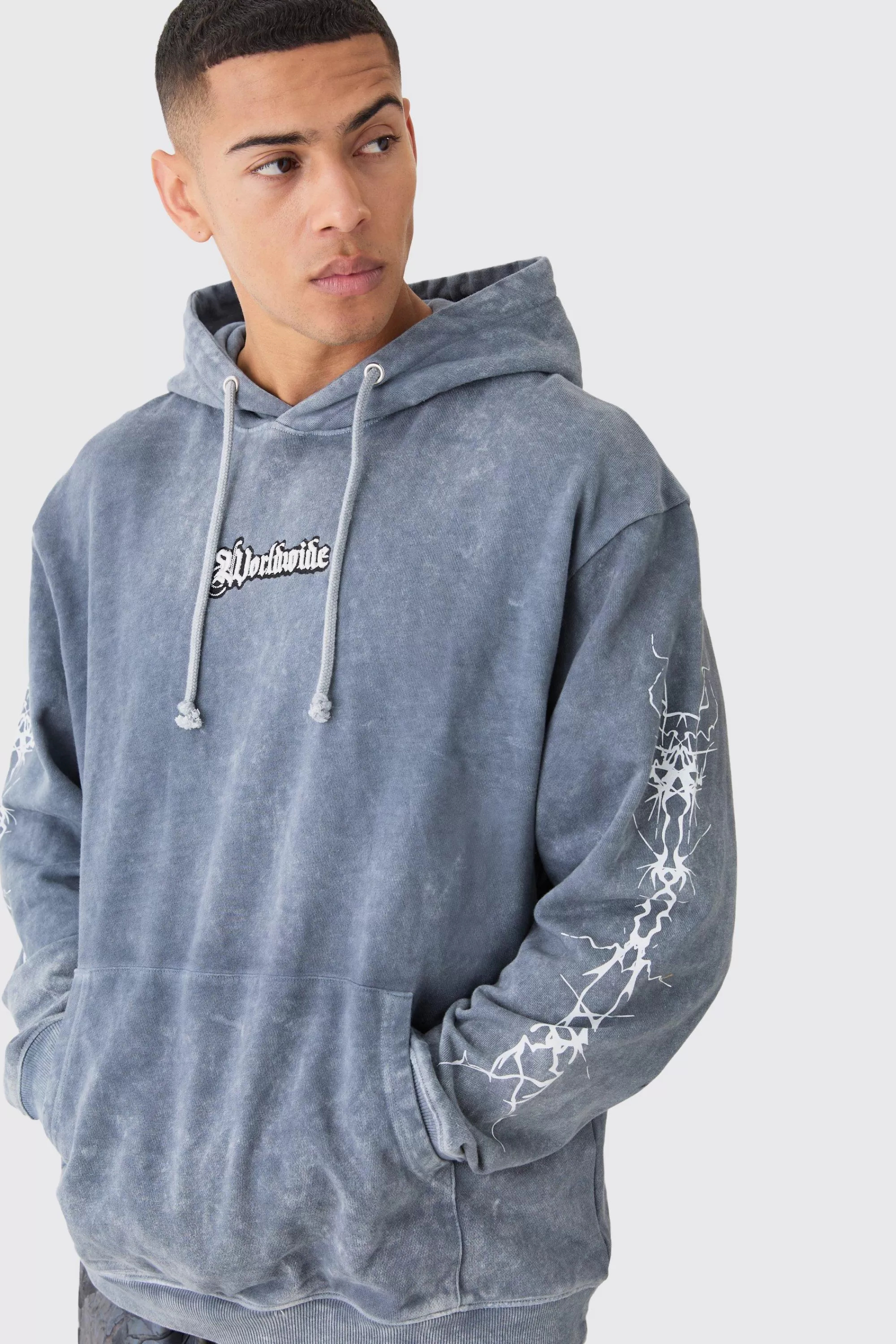boohooMAN Oversized Acid Wash Embroidered Wing Graphic Hoodie | UK