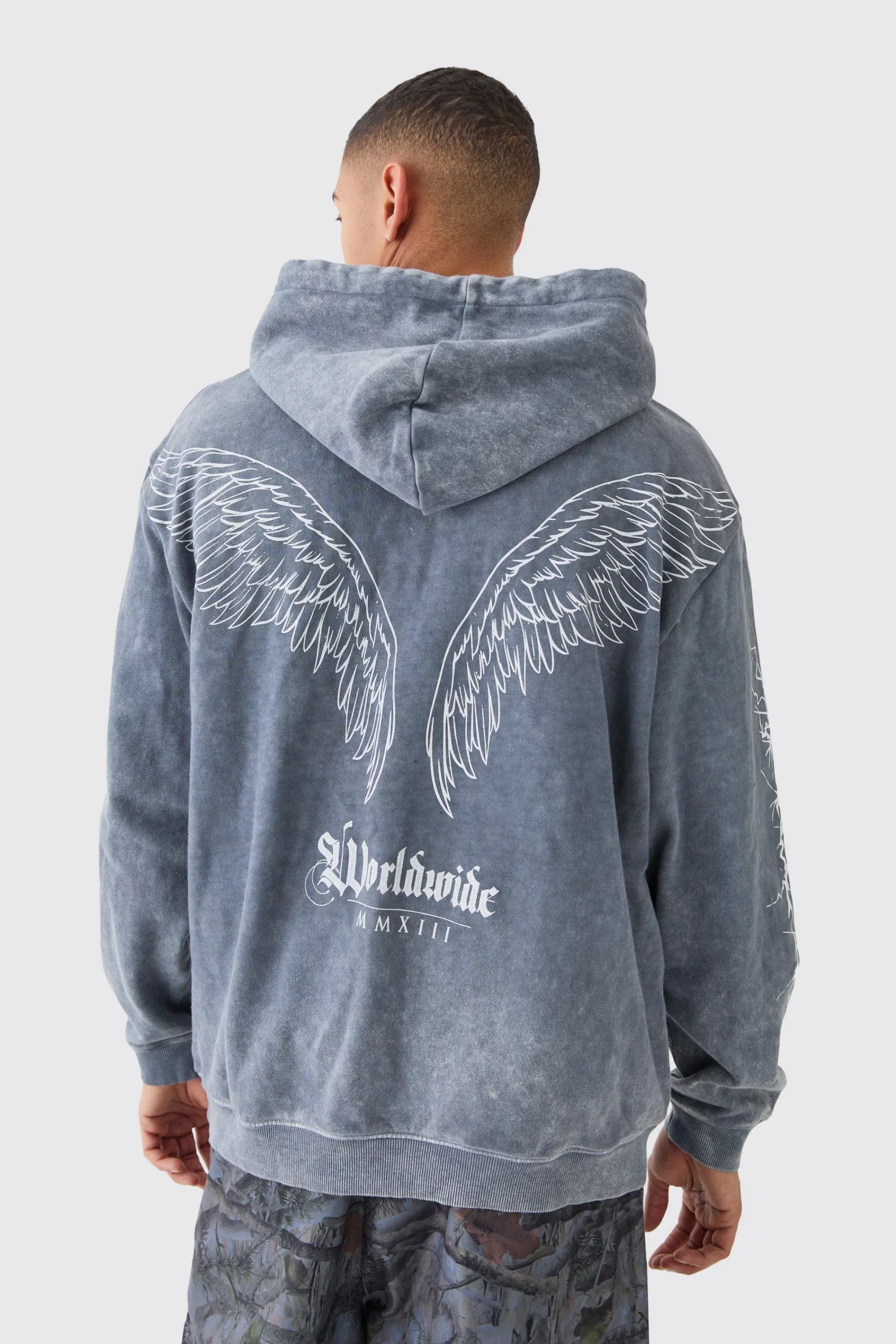 boohooMAN Oversized Acid Wash Embroidered Wing Graphic Hoodie | UK
