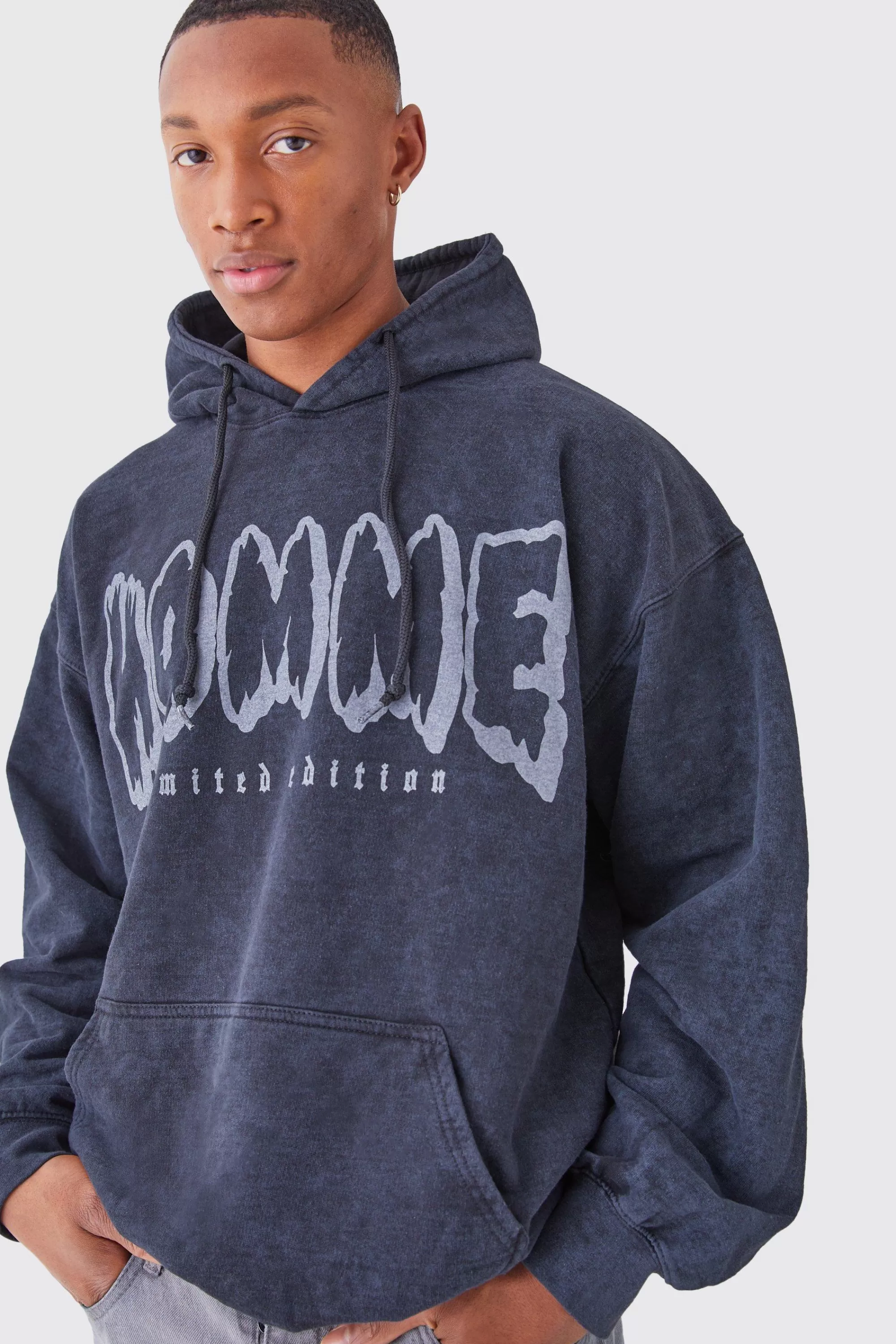 boohooMAN Oversized Acid Wash Graphic Hoodie | UK