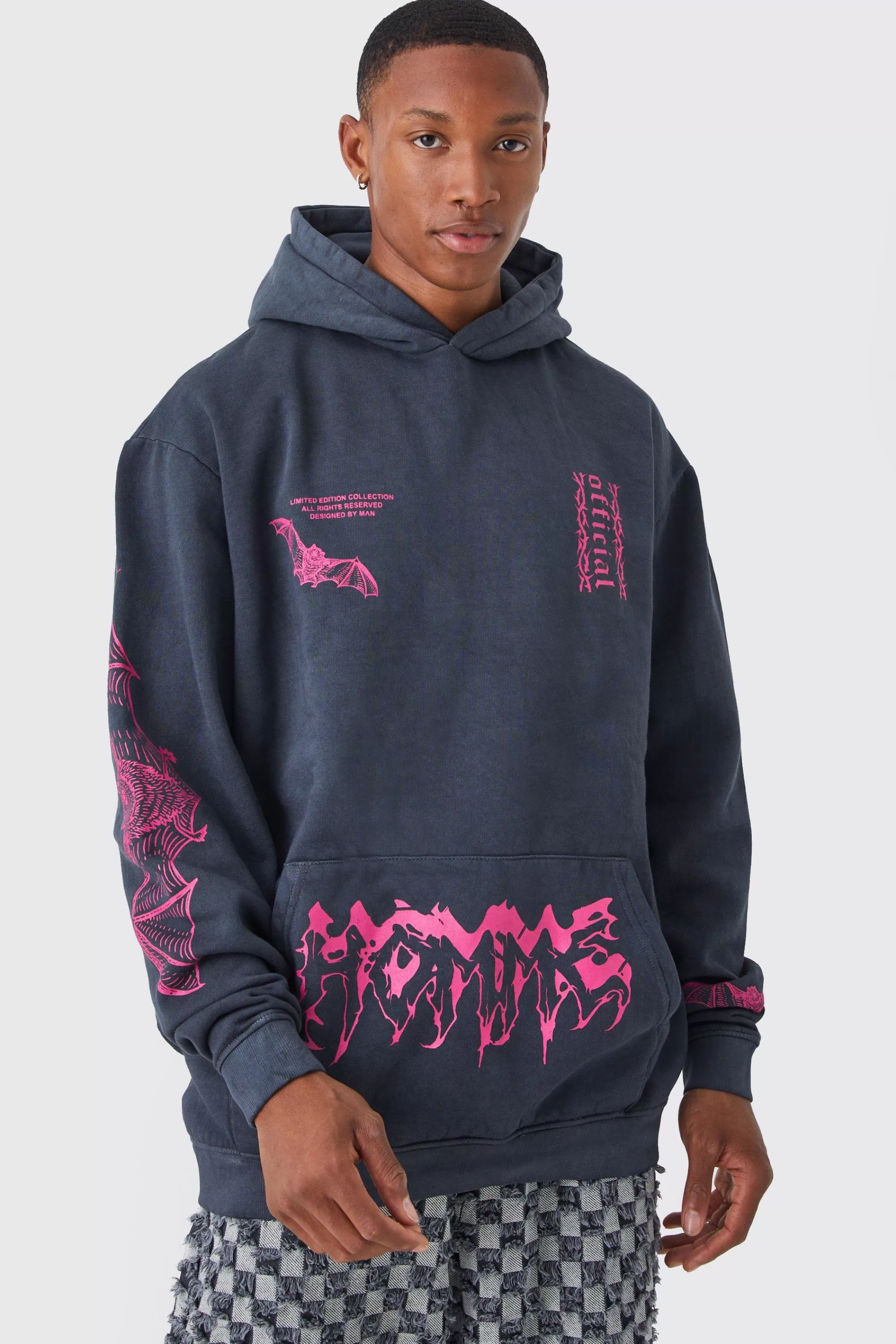 boohooMAN Oversized Acid Wash Multi Placement Hoodie | UK