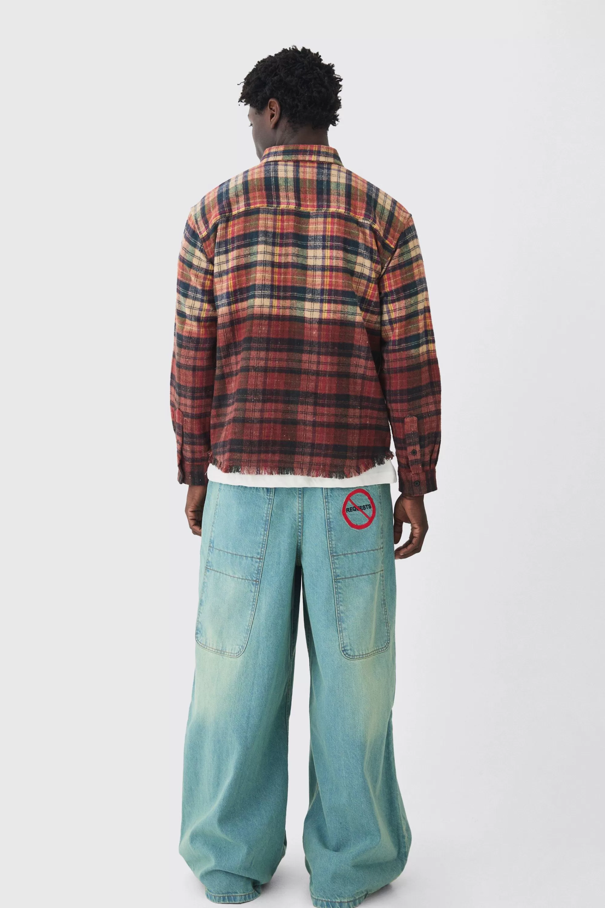 boohooMAN Oversized Acid Wash Ribcage Print Check Shirt | UK