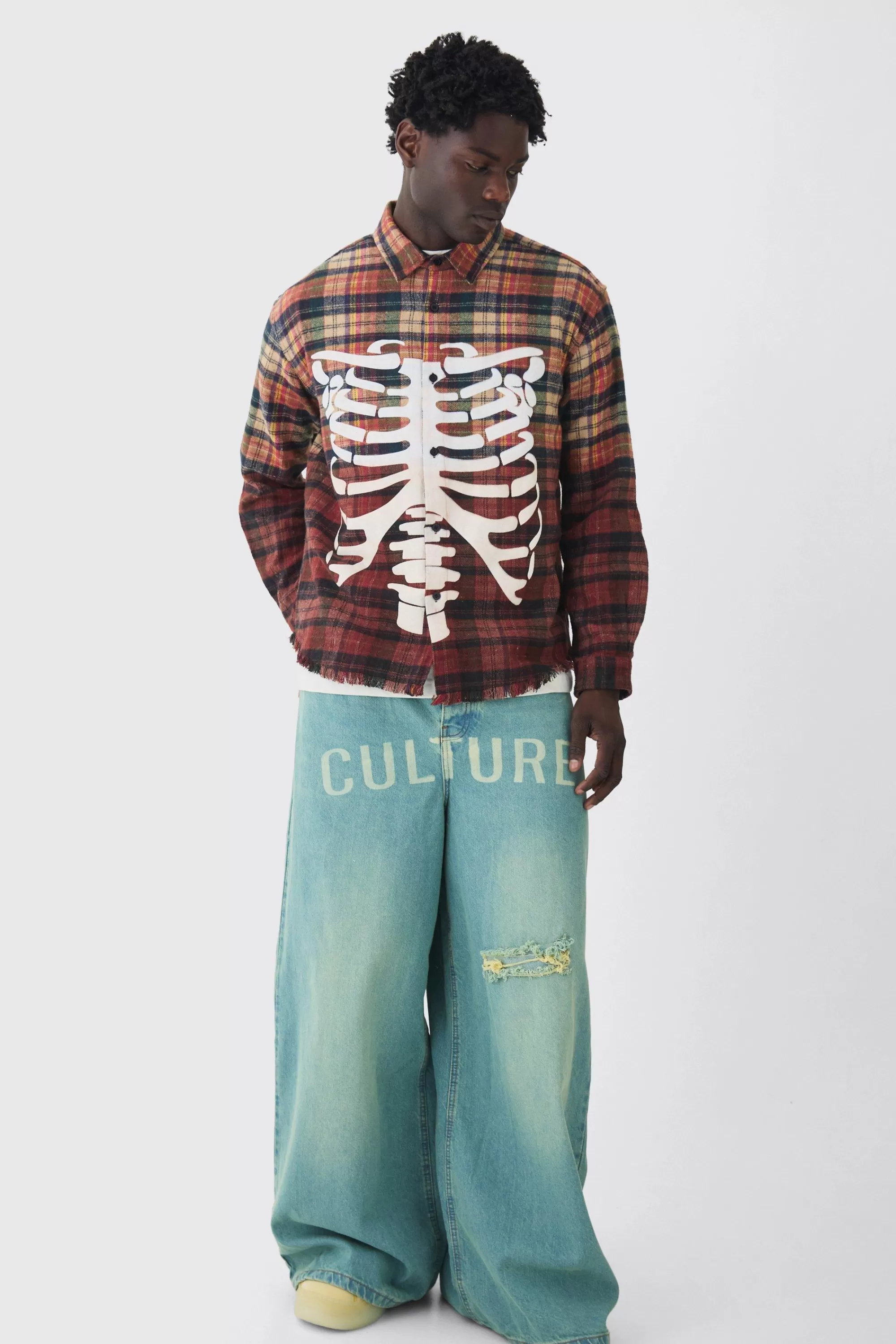 boohooMAN Oversized Acid Wash Ribcage Print Check Shirt | UK