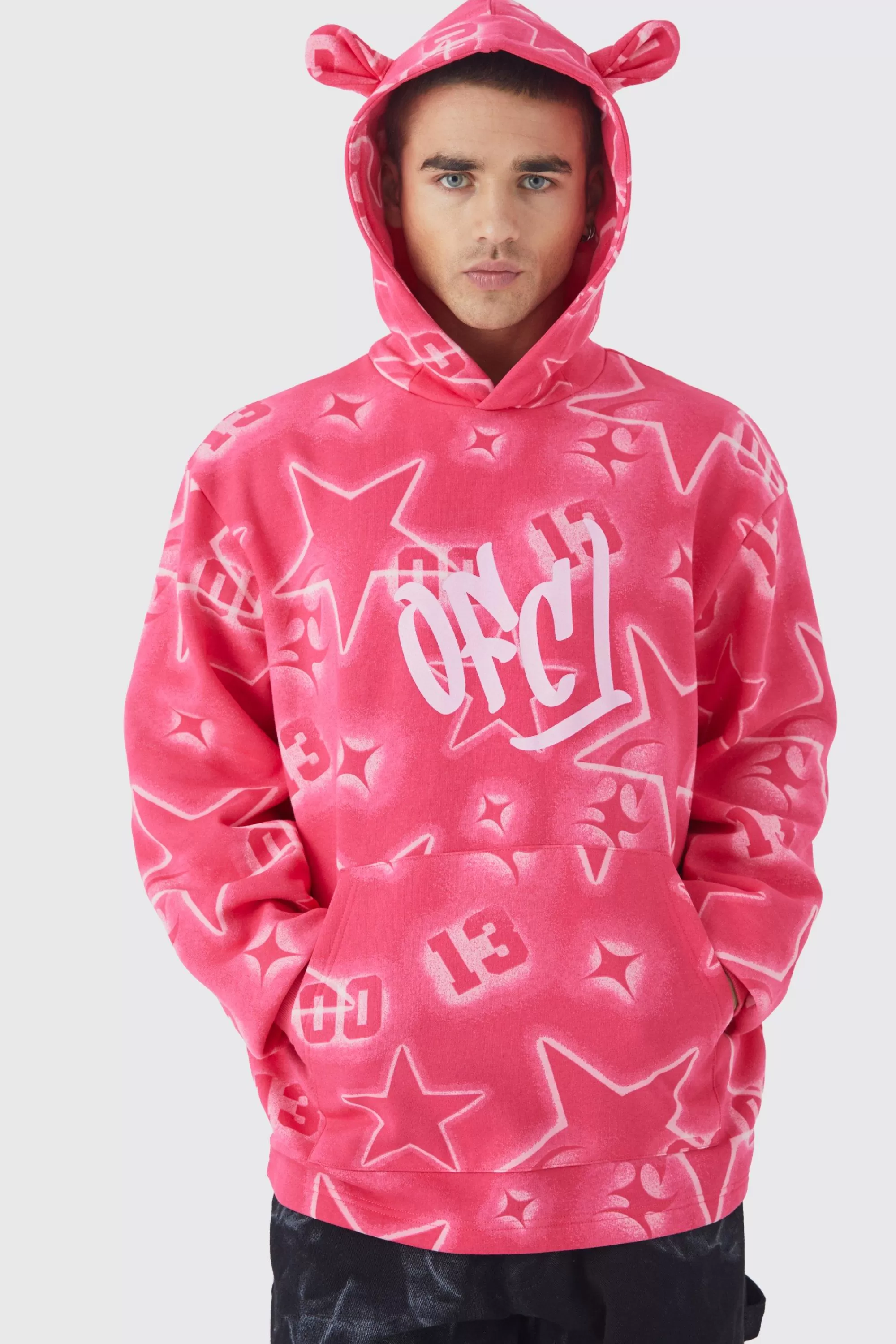 boohooMAN Oversized All Over Graffiti Ear Hoodie | UK