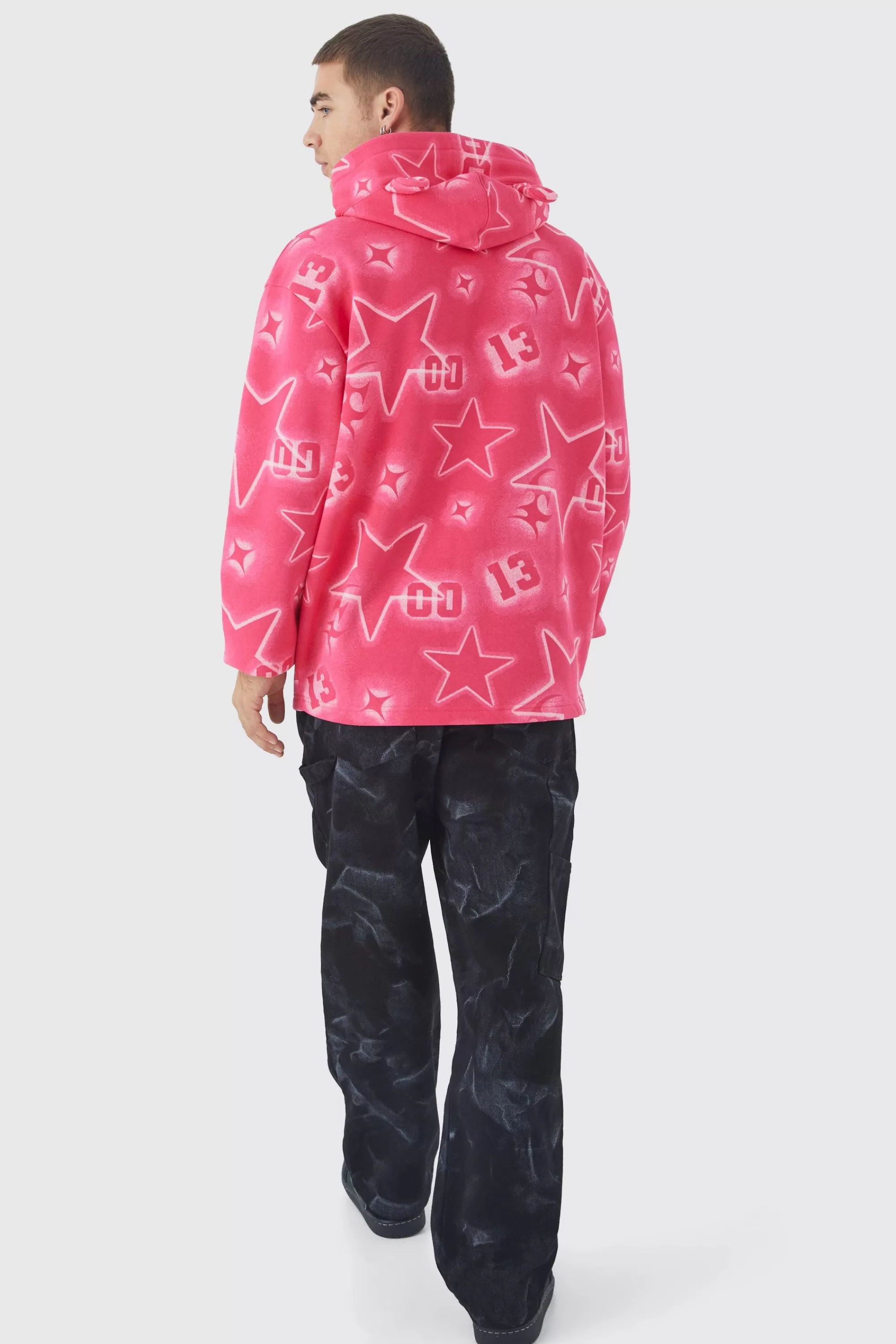 boohooMAN Oversized All Over Graffiti Ear Hoodie | UK
