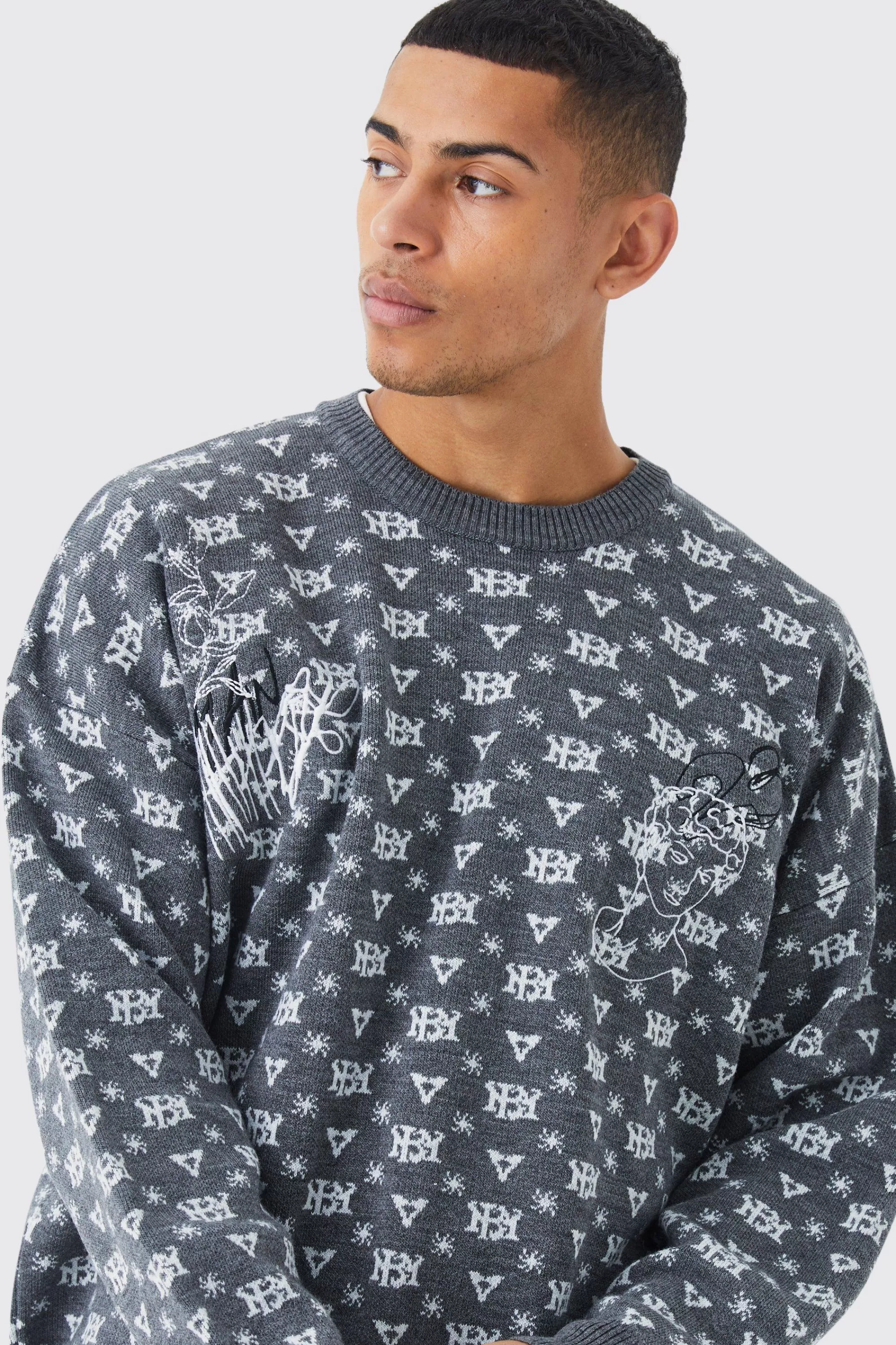 boohooMAN Oversized All Over Print Knit Jumper | UK