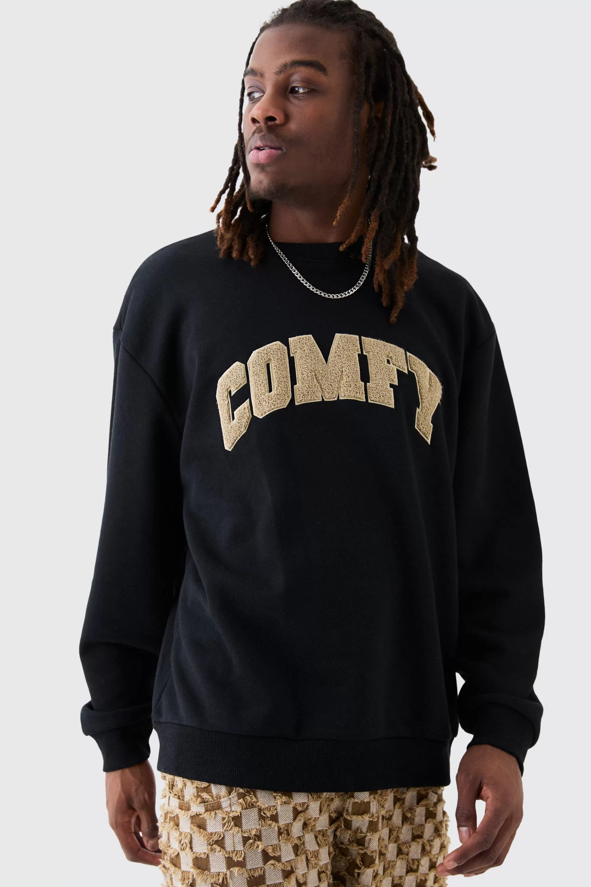 boohooMAN Oversized Applique Borg Sweatshirt | UK