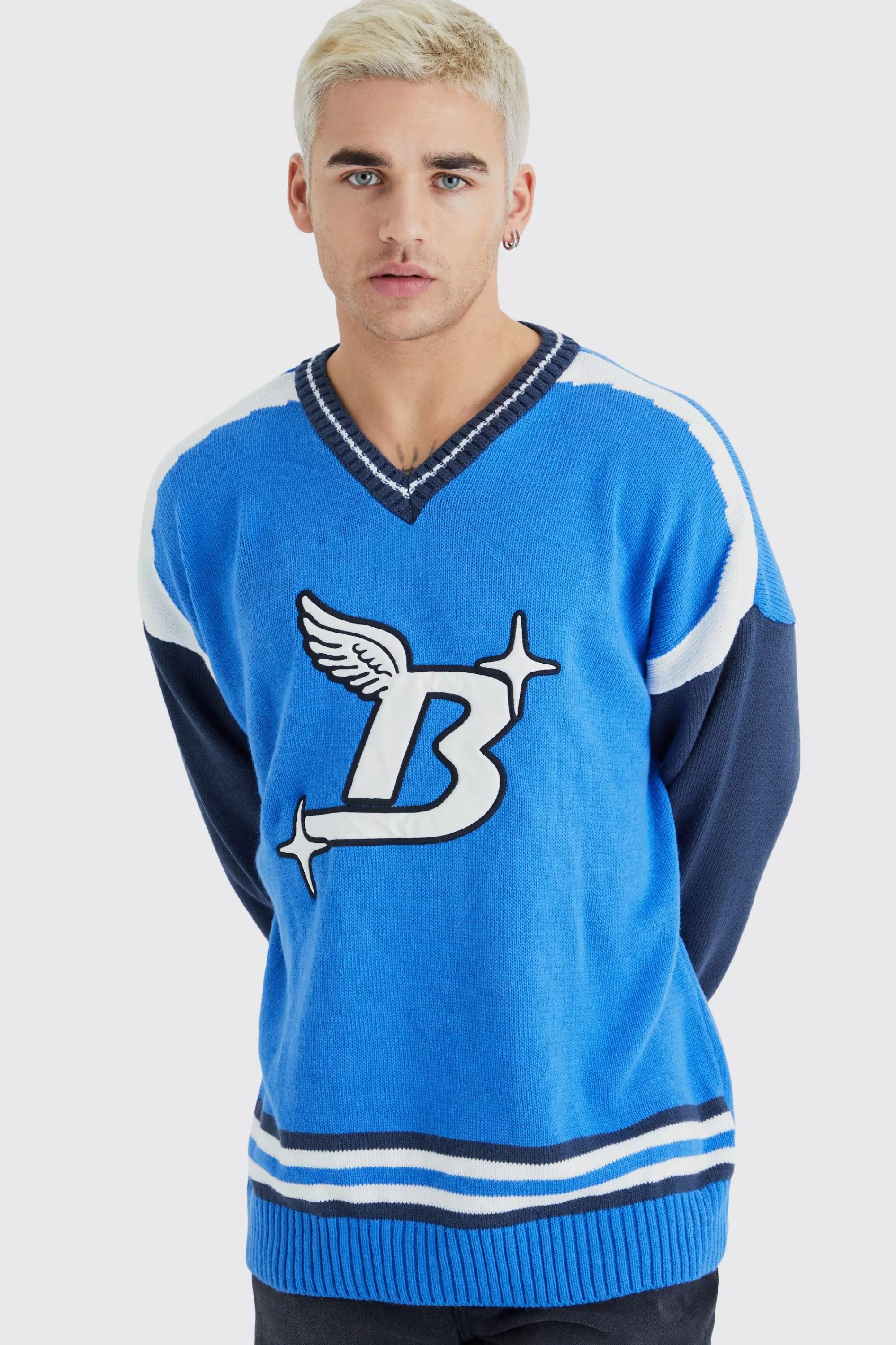 boohooMAN Oversized Applique Football Knit Jumper | UK