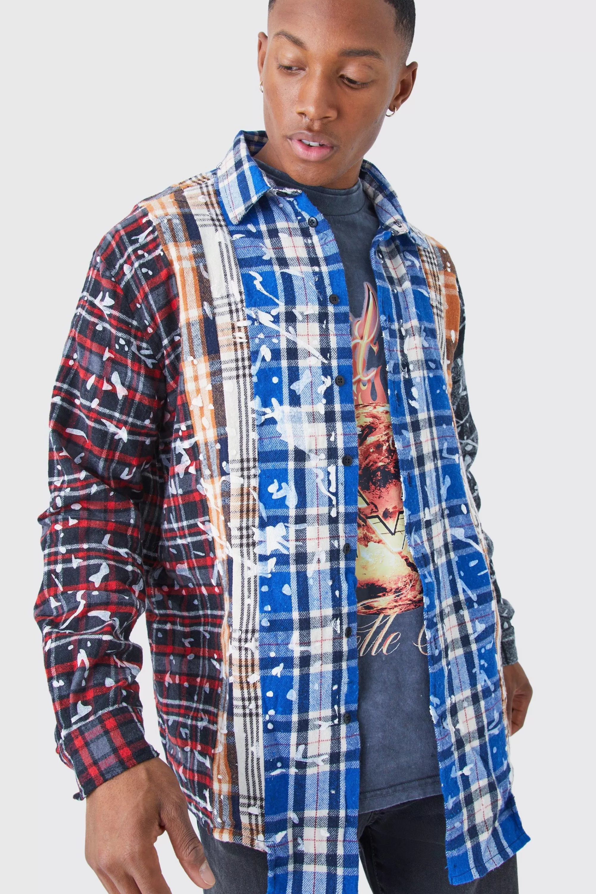 boohooMAN Oversized Asymmetric Paint Checked Shirt | UK