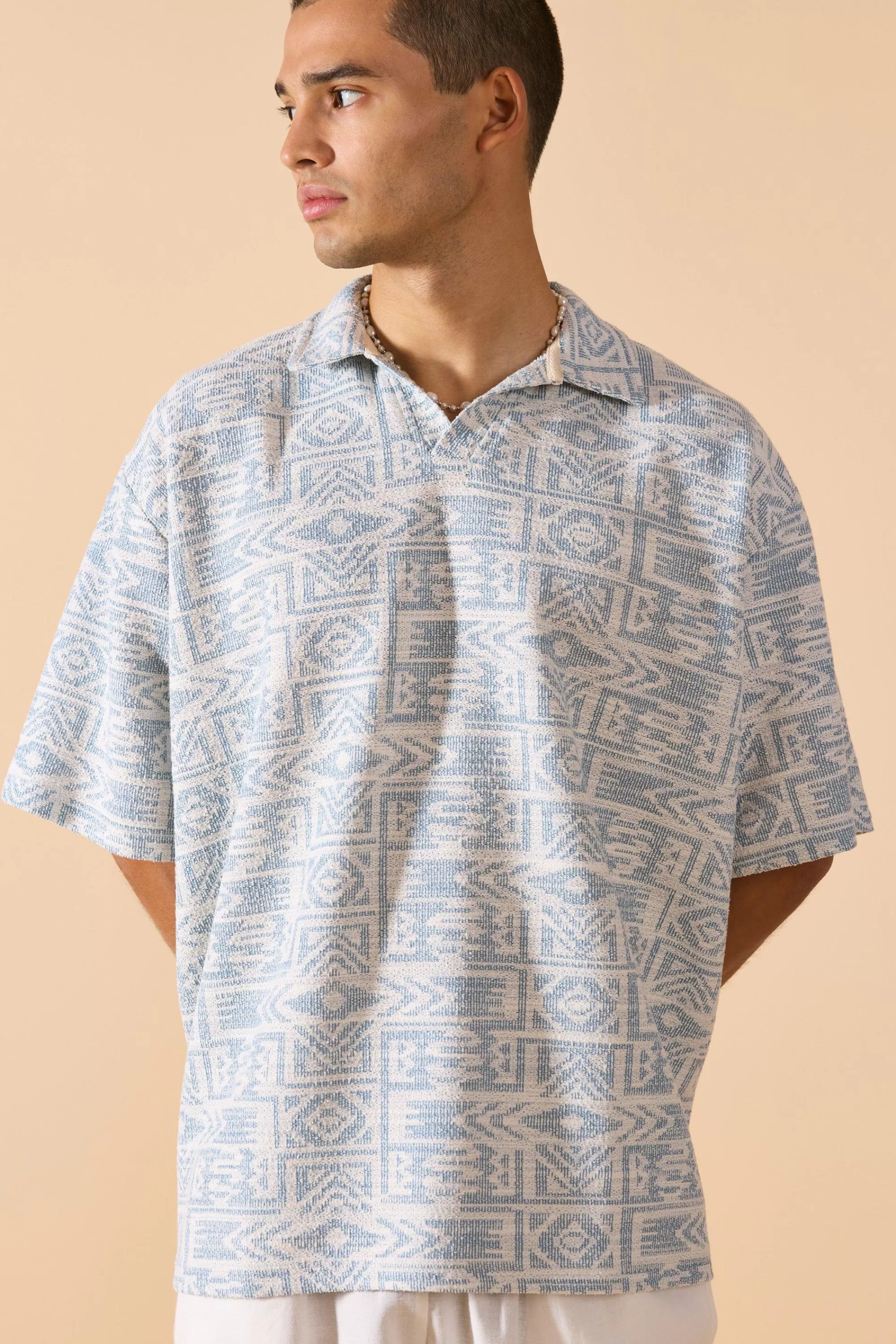 boohooMAN Oversized Aztec Jacquard Rugby Half Sleeve Sweatshirt | UK