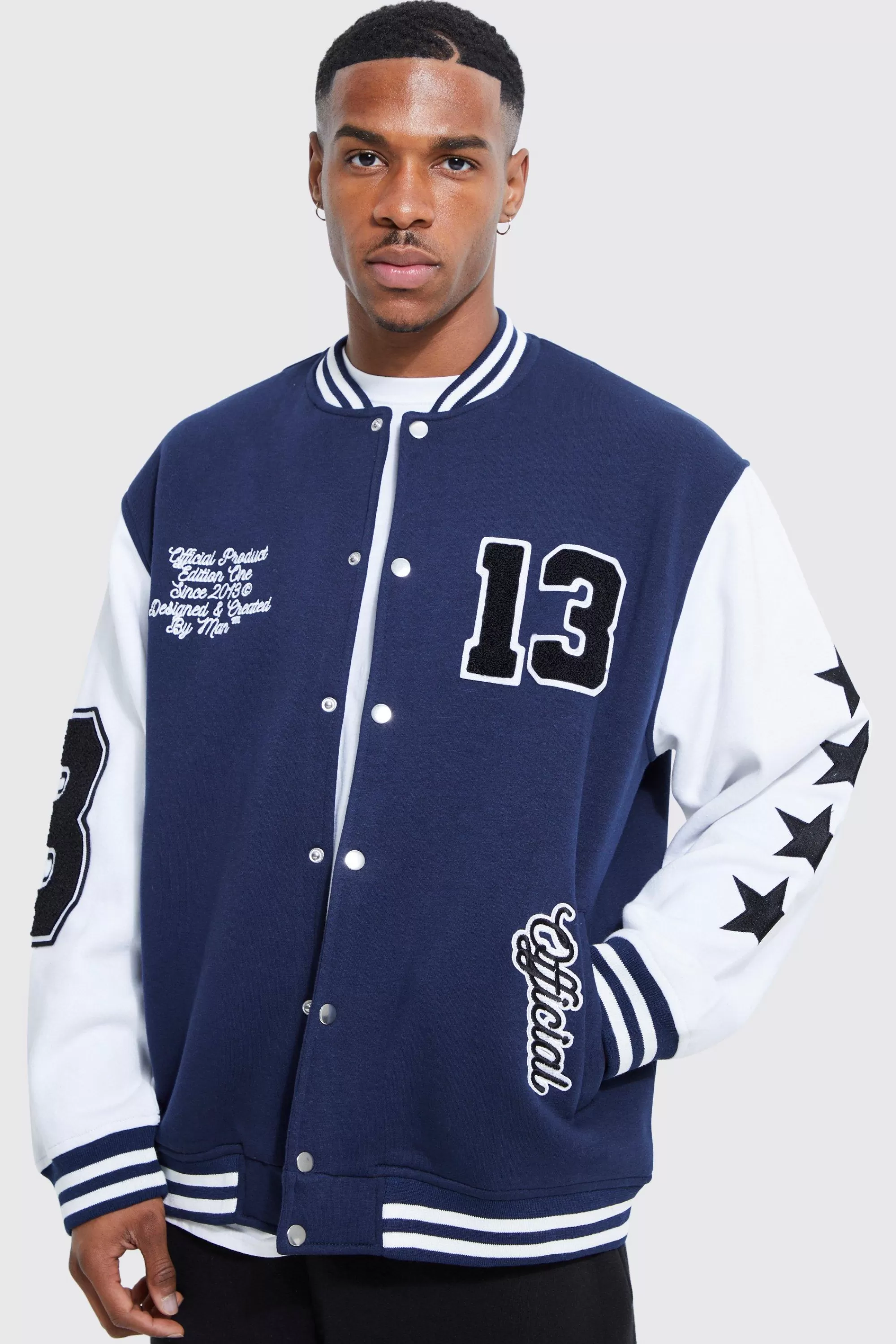 boohooMAN Oversized Badge Jersey Varsity Jacket | UK