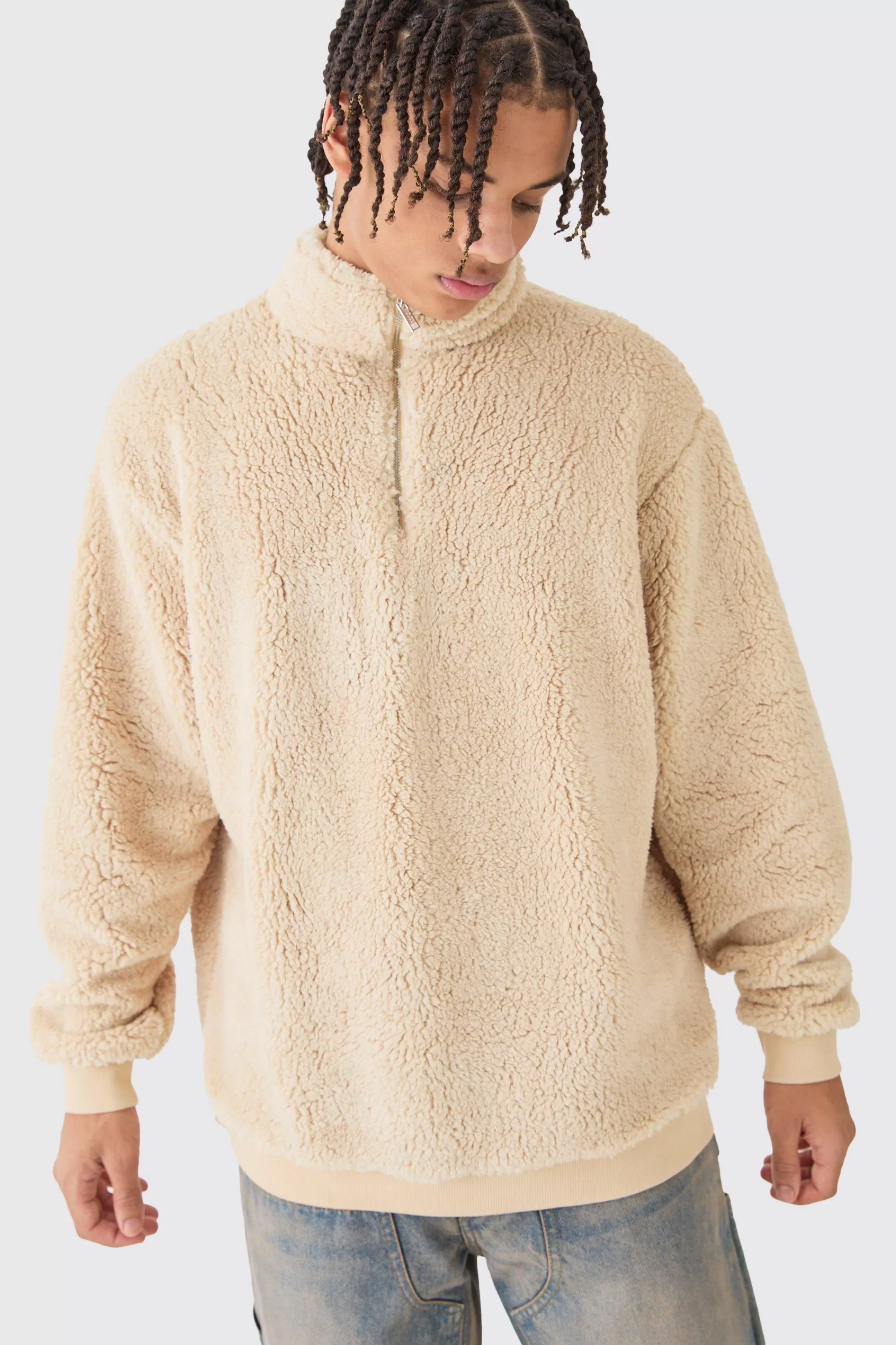 boohooMAN Oversized Borg Funnel Neck Sweatshirt | UK
