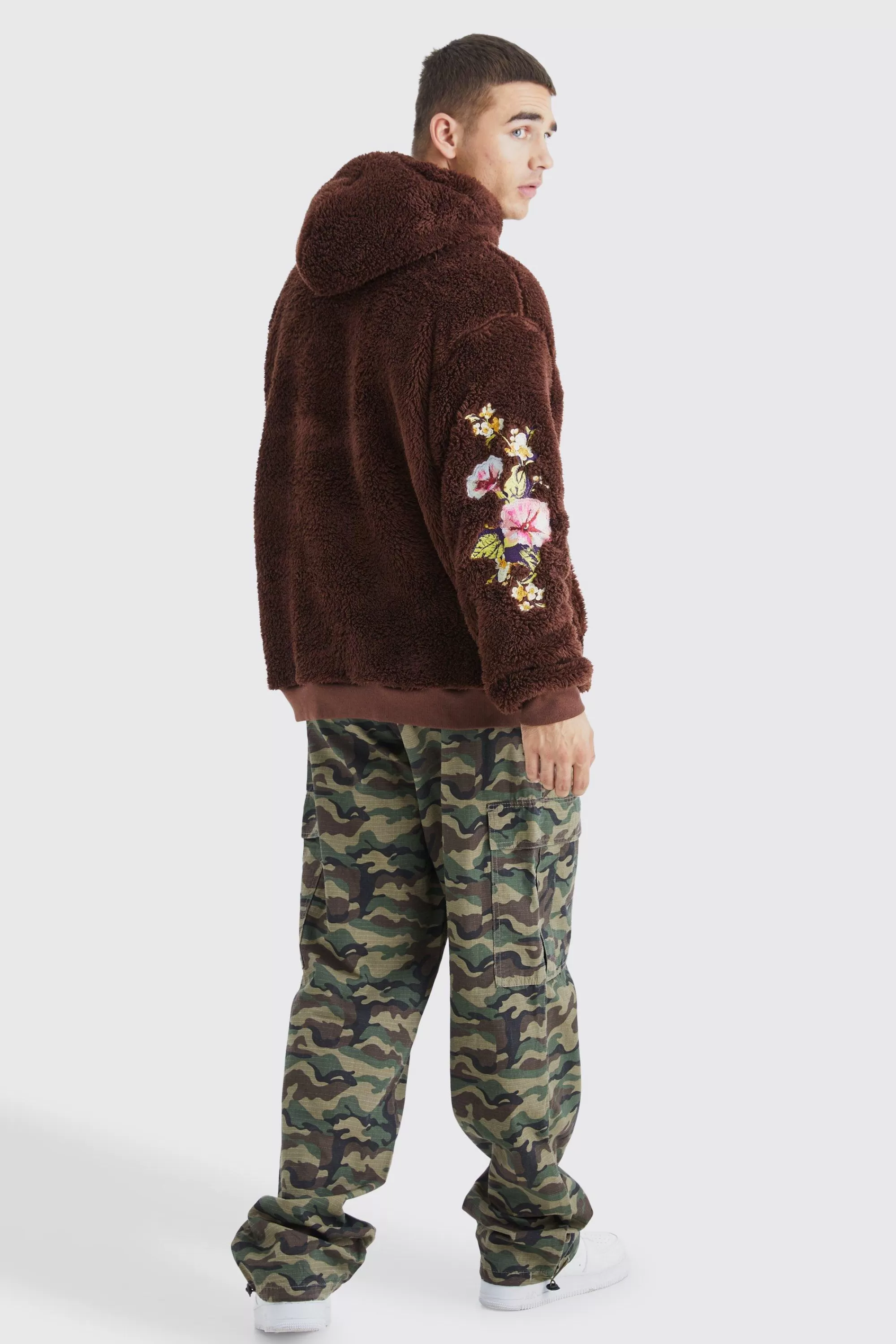 boohooMAN Oversized Borg Hoodie With Floral Embroidery | UK