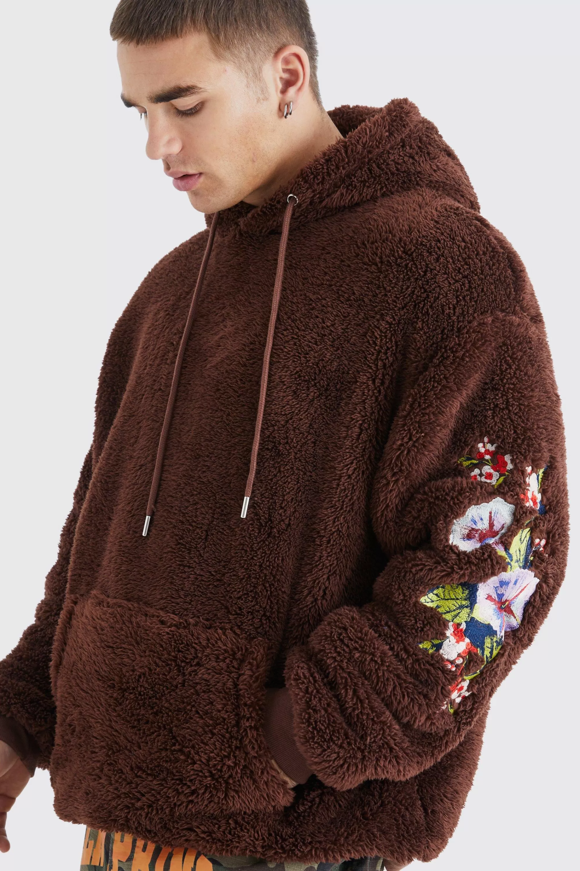 boohooMAN Oversized Borg Hoodie With Floral Embroidery | UK