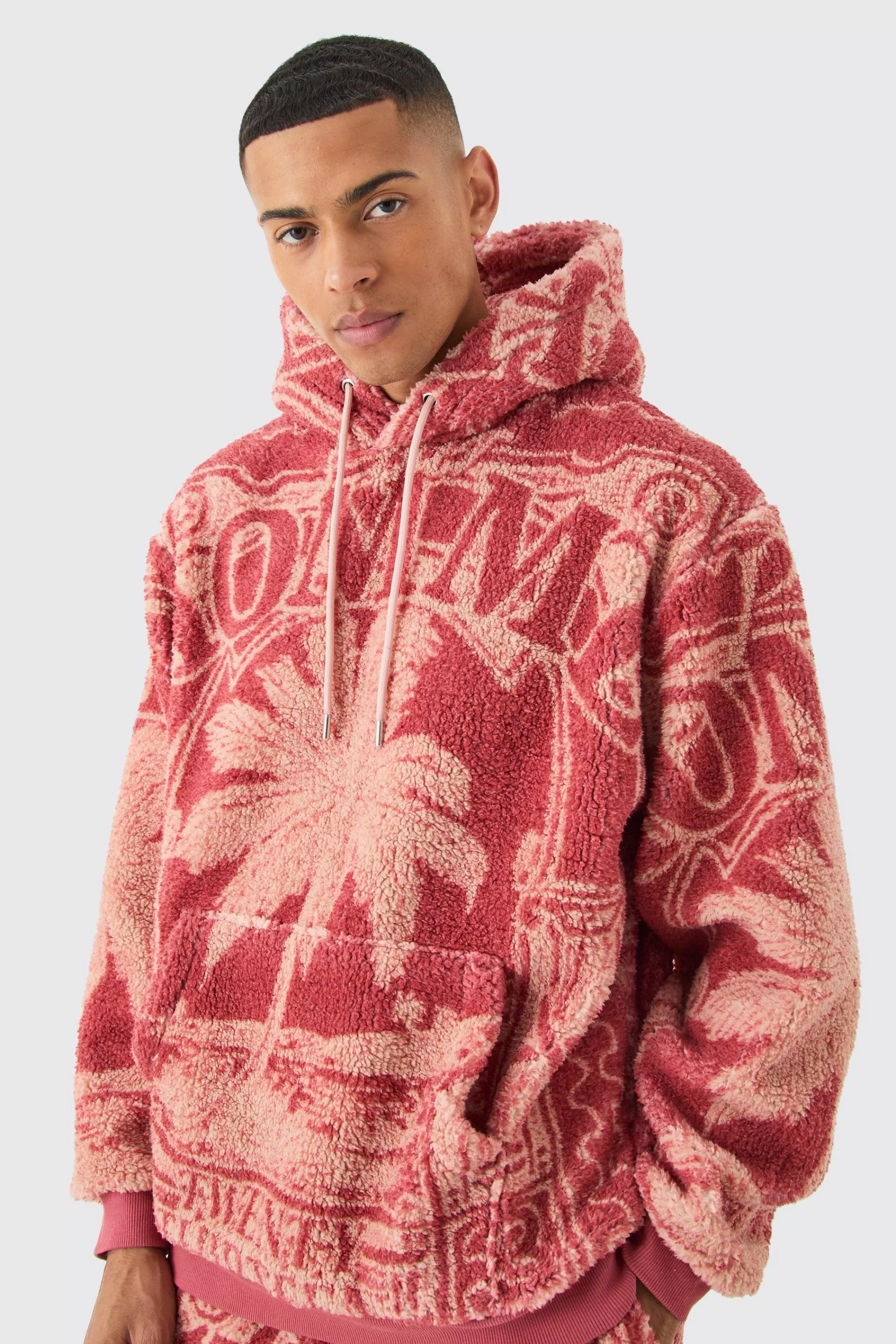 boohooMAN Oversized Borg Printed Hoodie | UK