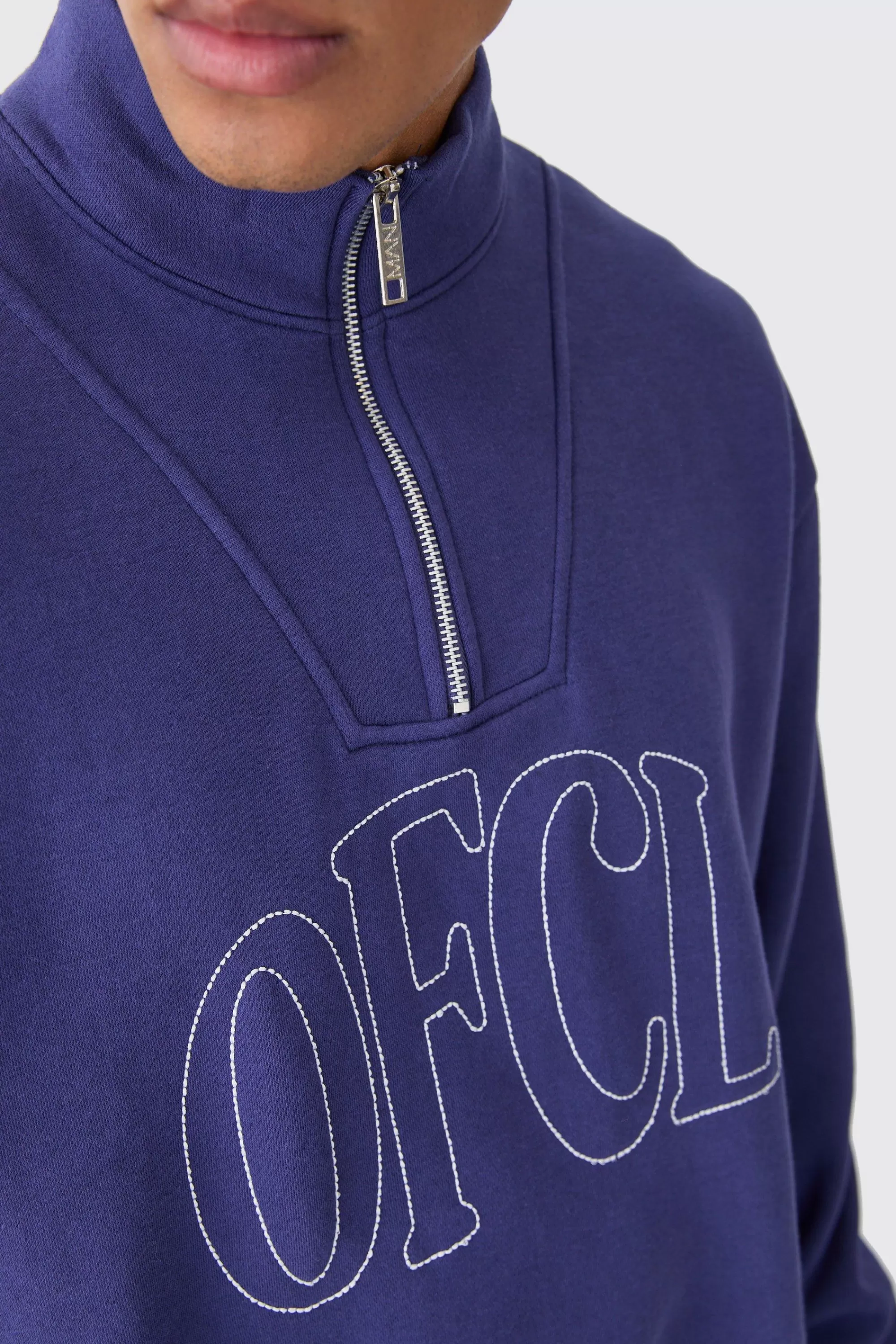 boohooMAN Oversized Boxy 1/4 Zip Chain Stitch Offcl Embroidered Hoodie | UK