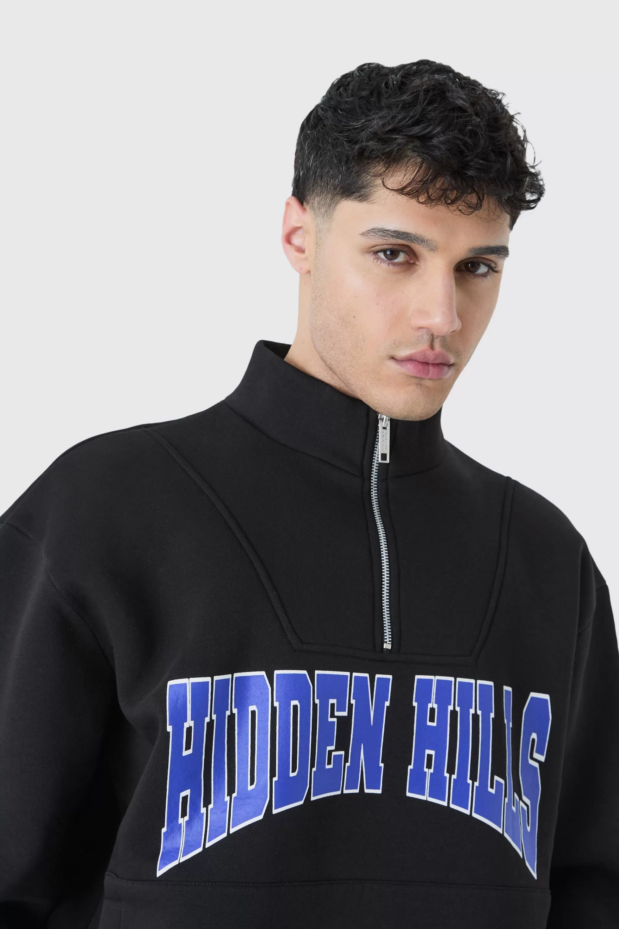 boohooMAN Oversized Boxy 1/4 Zip Varsity Sweatshirt | UK