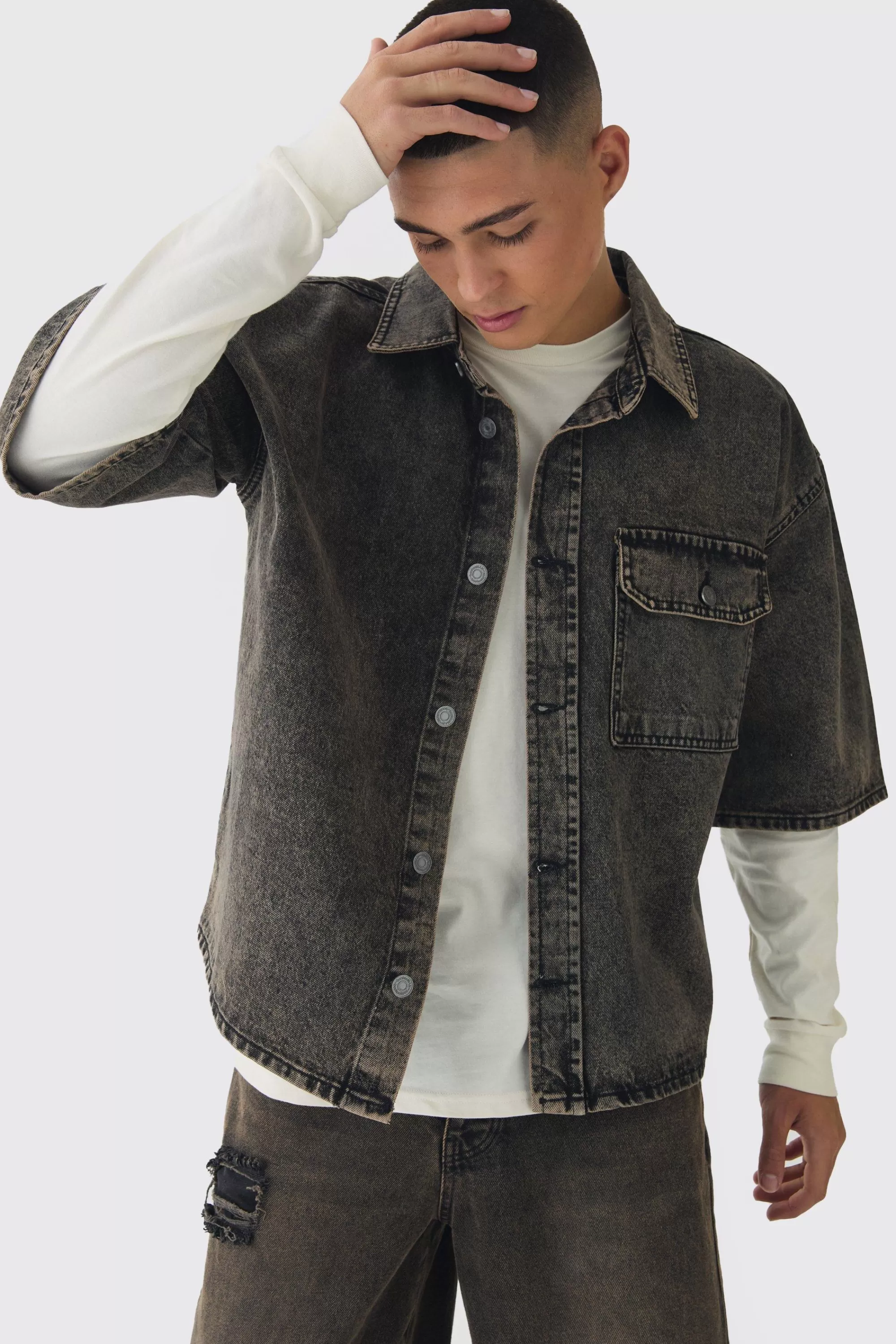 boohooMAN Oversized Boxy 3/4 Sleeve Denim Overshirt | UK