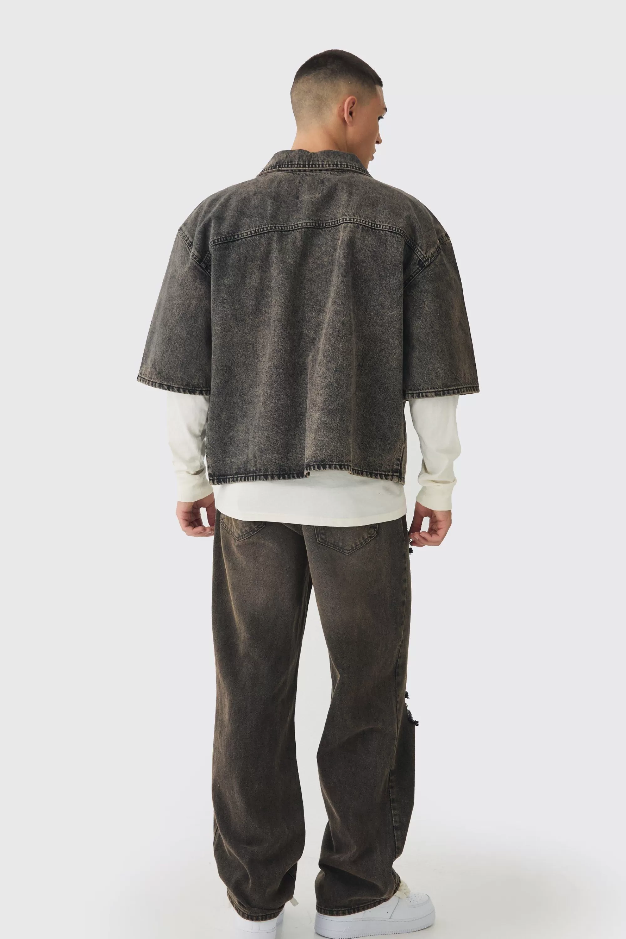 boohooMAN Oversized Boxy 3/4 Sleeve Denim Overshirt | UK